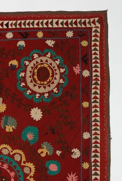 5.5x8.3 ft Silk Embroidered Bed Cover, Red Suzani Wall Hanging, Uzbek Tapestry