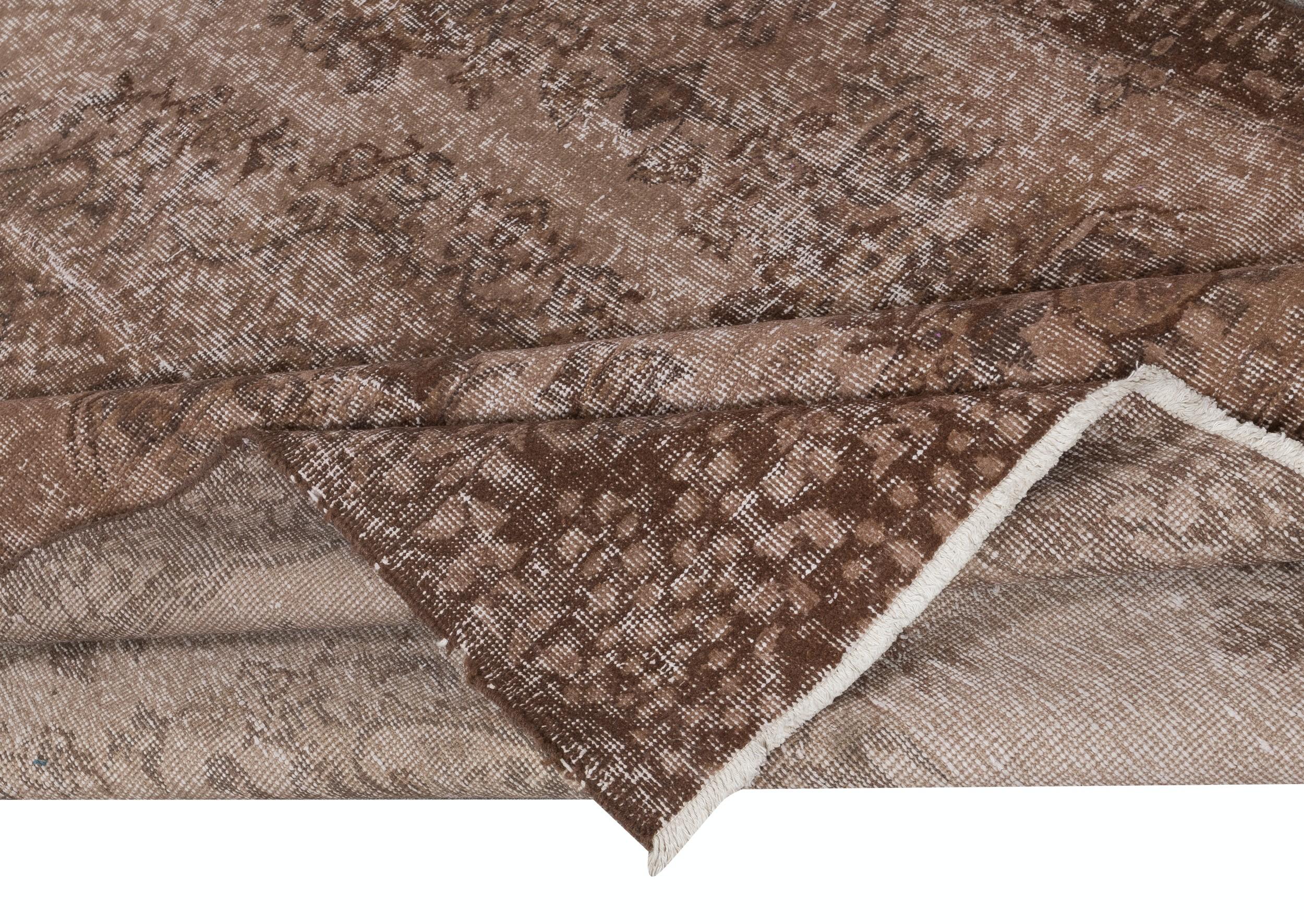 Modern 5.5x8.3 Ft Vintage Turkish Area Rug redyed in Brown Color for modern interiors For Sale