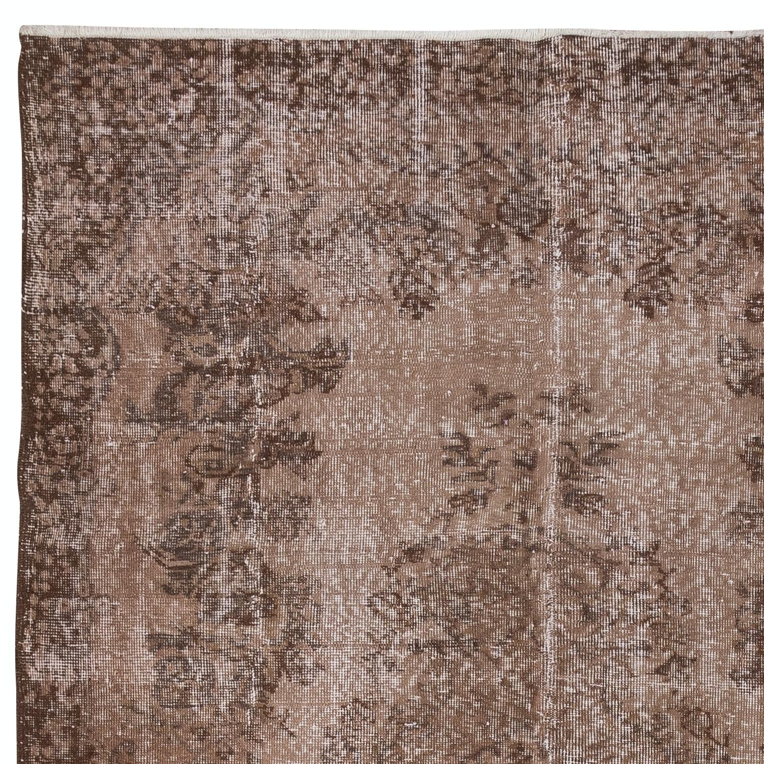 Hand-Knotted 5.5x8.3 Ft Vintage Turkish Area Rug redyed in Brown Color for modern interiors For Sale