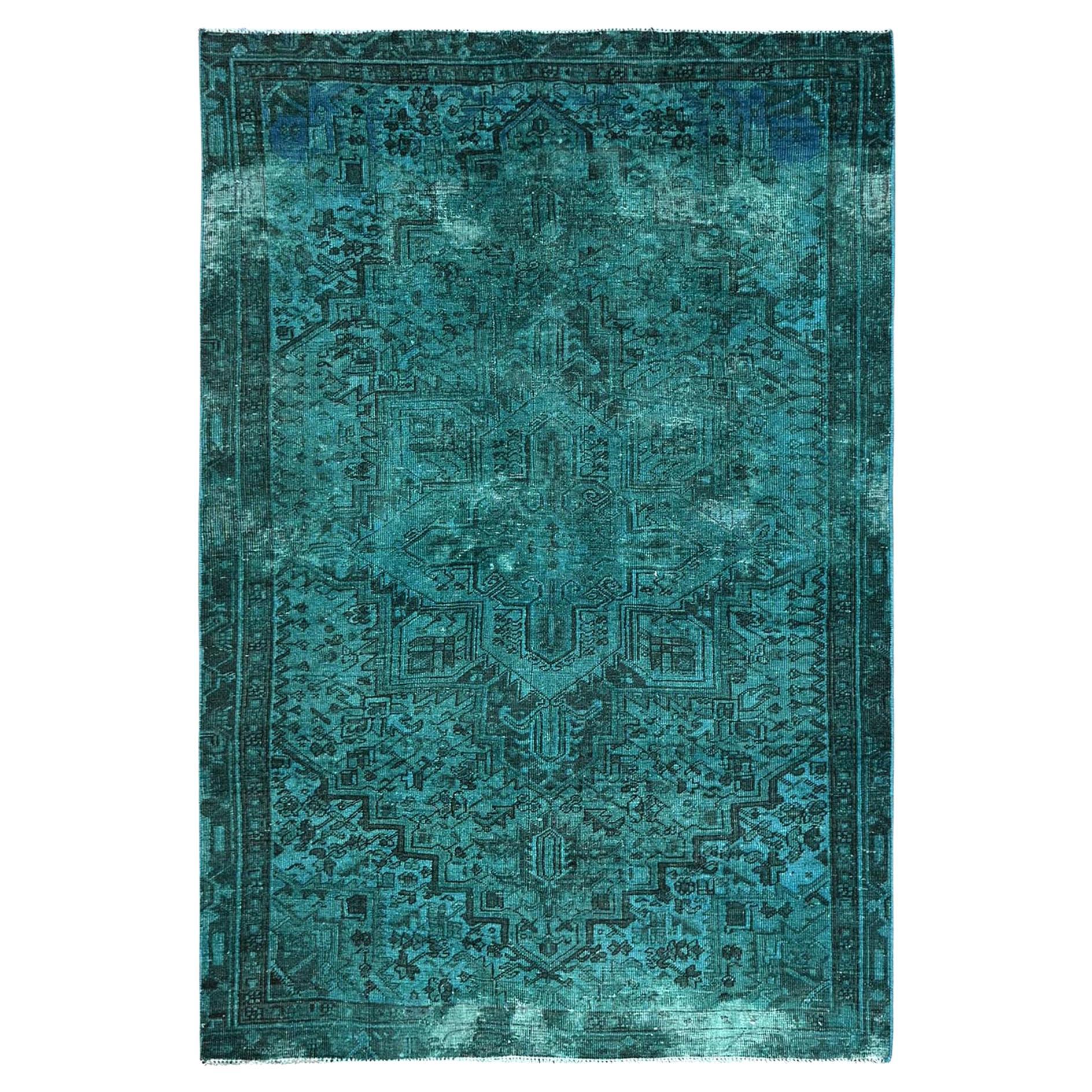 5'5"x8'3" Teal Overdyed Viintage Persischer Heriz getragener Daunen-Handgeknüpfter Wollteppich