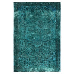 5'5"x8'3" Teal Overdyed Viintage Persian Heriz Worn Down Hand Knotted Wool Rug