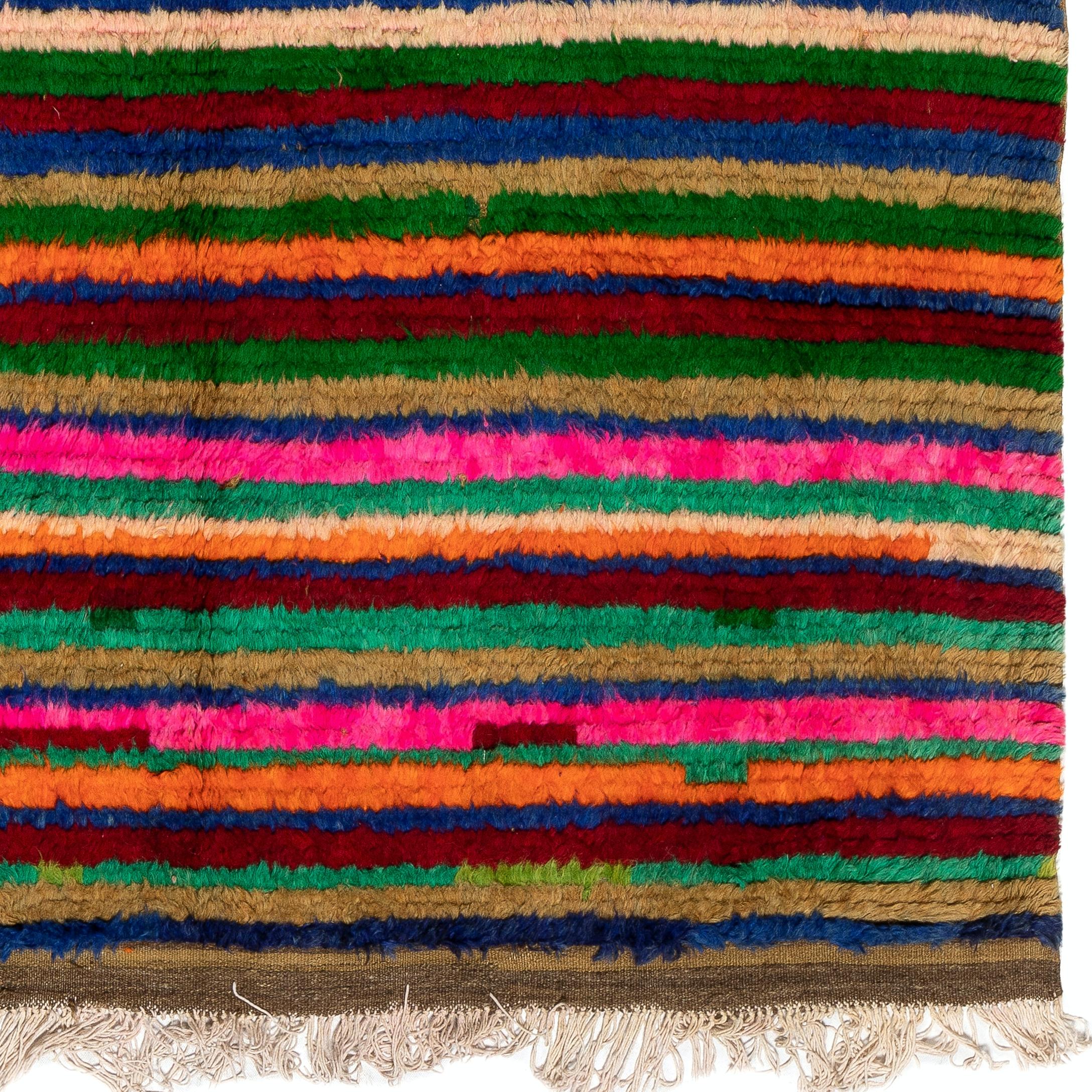 5.5x8.4 Ft Multicolored Vintage Handmade Turkish Banded Tulu Rug, Soft Wool Pile In Good Condition For Sale In Philadelphia, PA