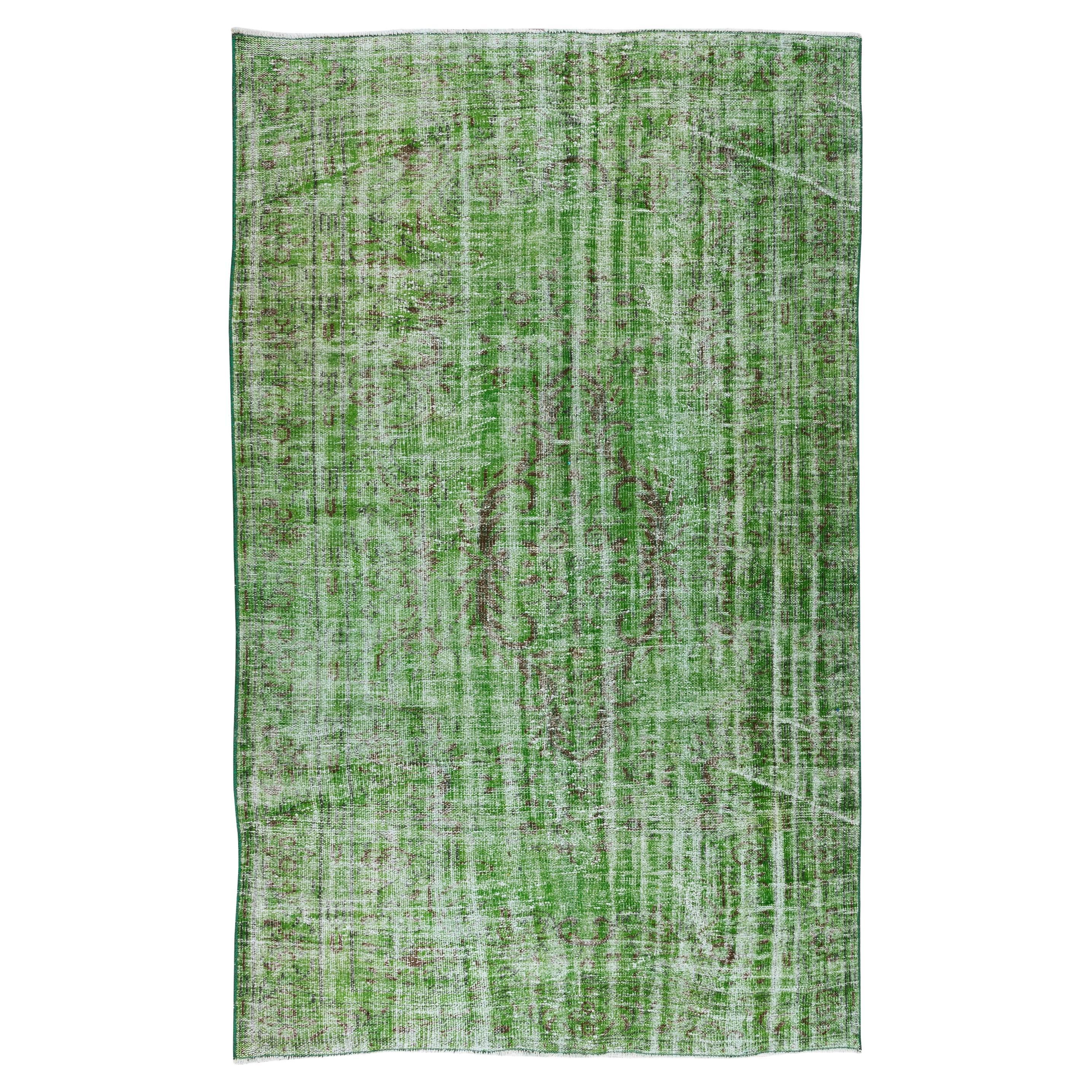 Alfombra de lana turca de los años 60, teñida de verde, para decoración del hogar, de 5,5 x 8,5 pies, hecha a mano