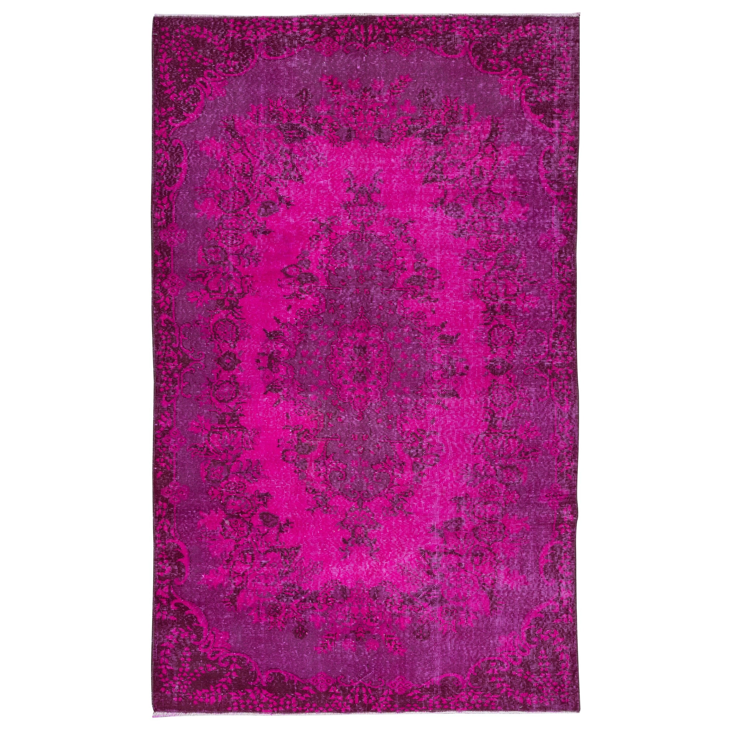 5.5x8.5 Ft Tappeto a basso pelo turco fatto a mano rosa caldo con medaglione, rivestimento per pavimenti