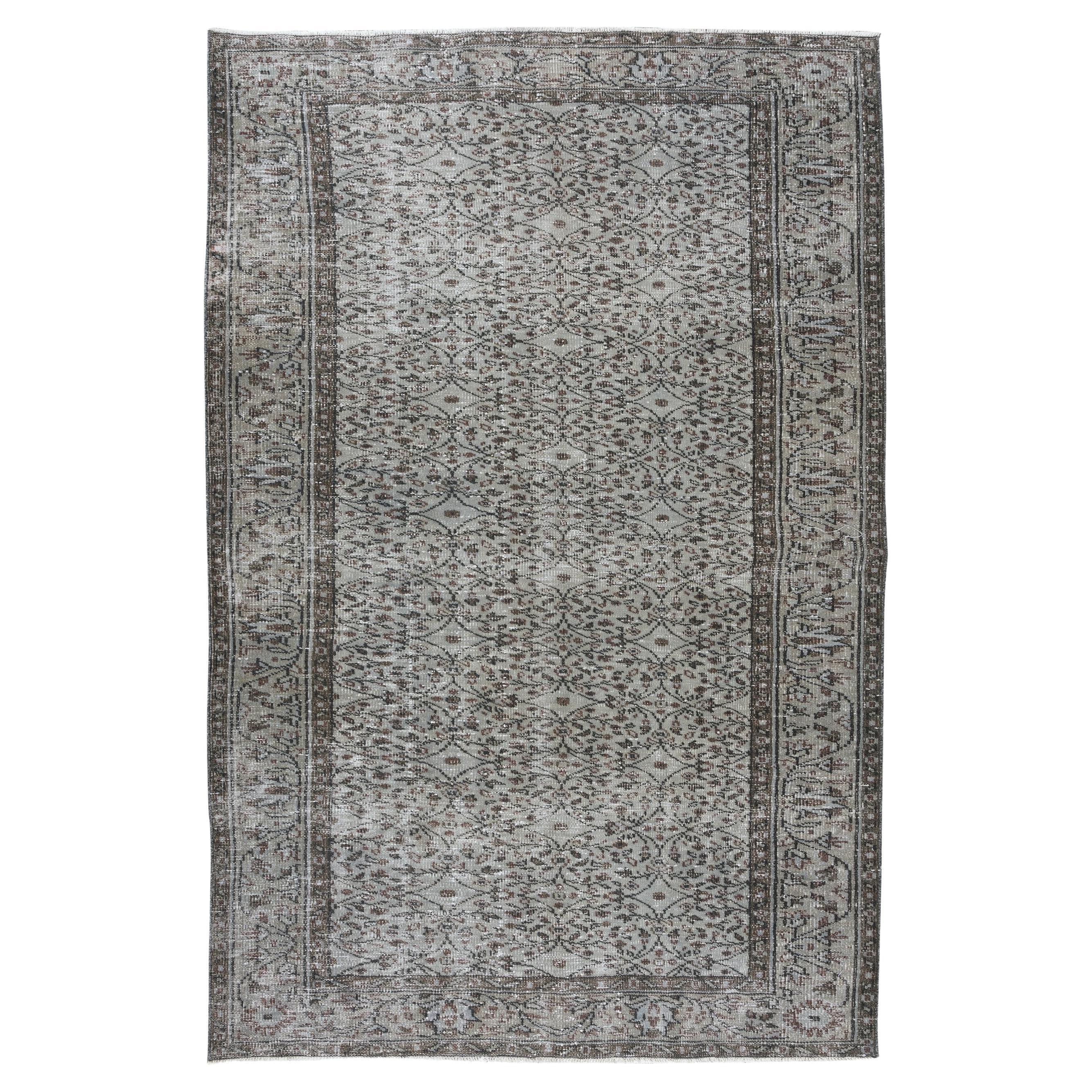 Turkish Floral Area Rug in Gray, Hand-Knotted Vintage Wool Carpet