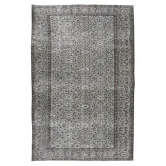 Turkish Floral Area Rug in Gray, Hand-Knotted Vintage Wool Carpet