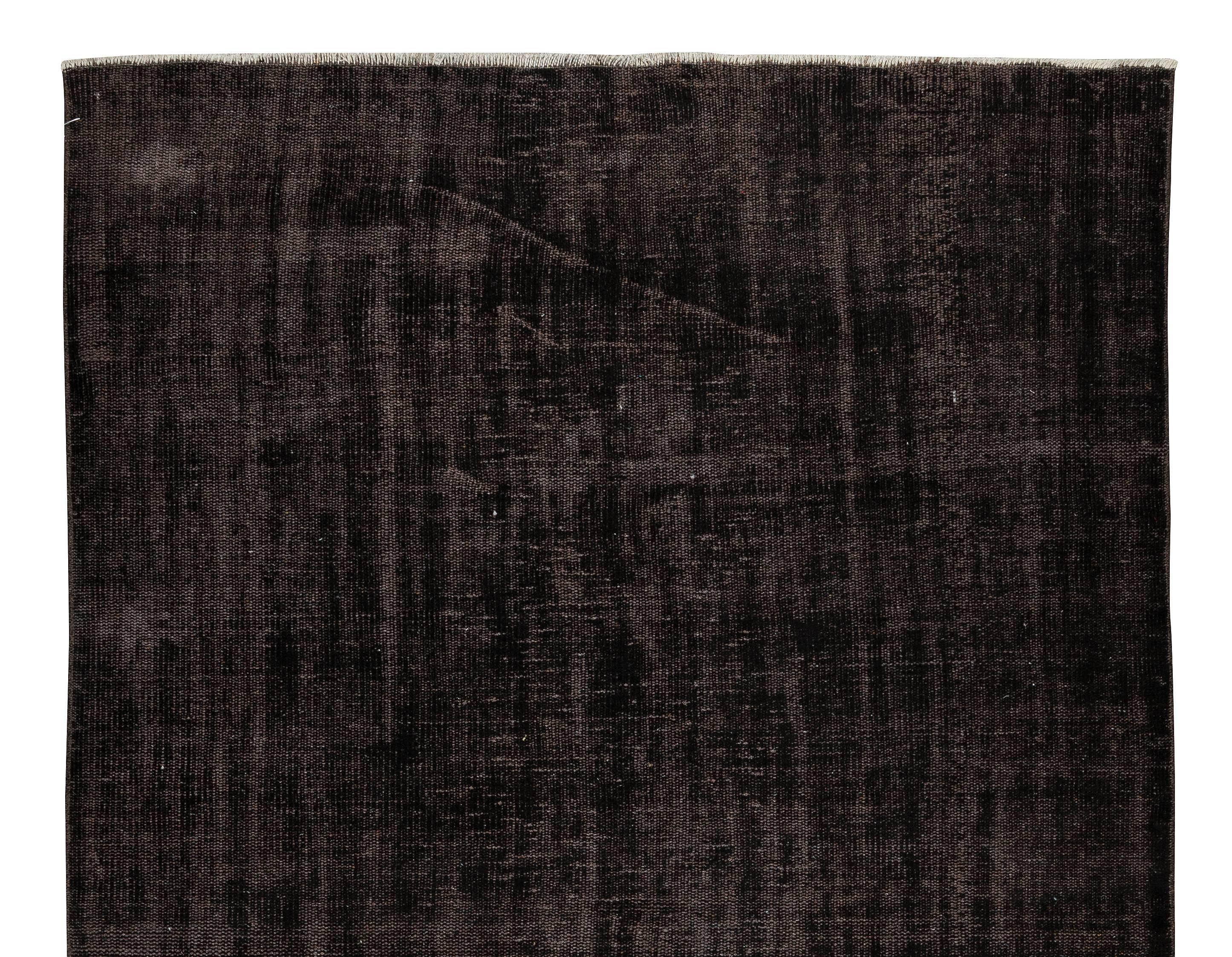 Turkish 5.5x8.7 Ft Contemporary Vintage Area Rug in Solid Black, Handmade in Turkey For Sale