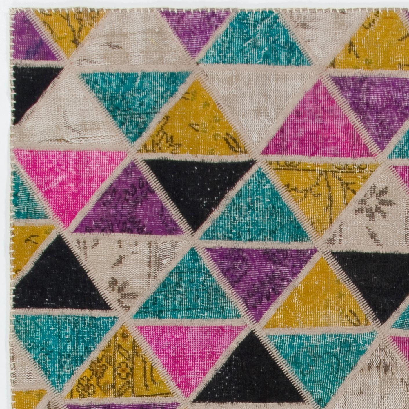 Modern 5.5x8.7 Ft Handmade Patchwork Rug with Triangles Design Custom Options Available For Sale