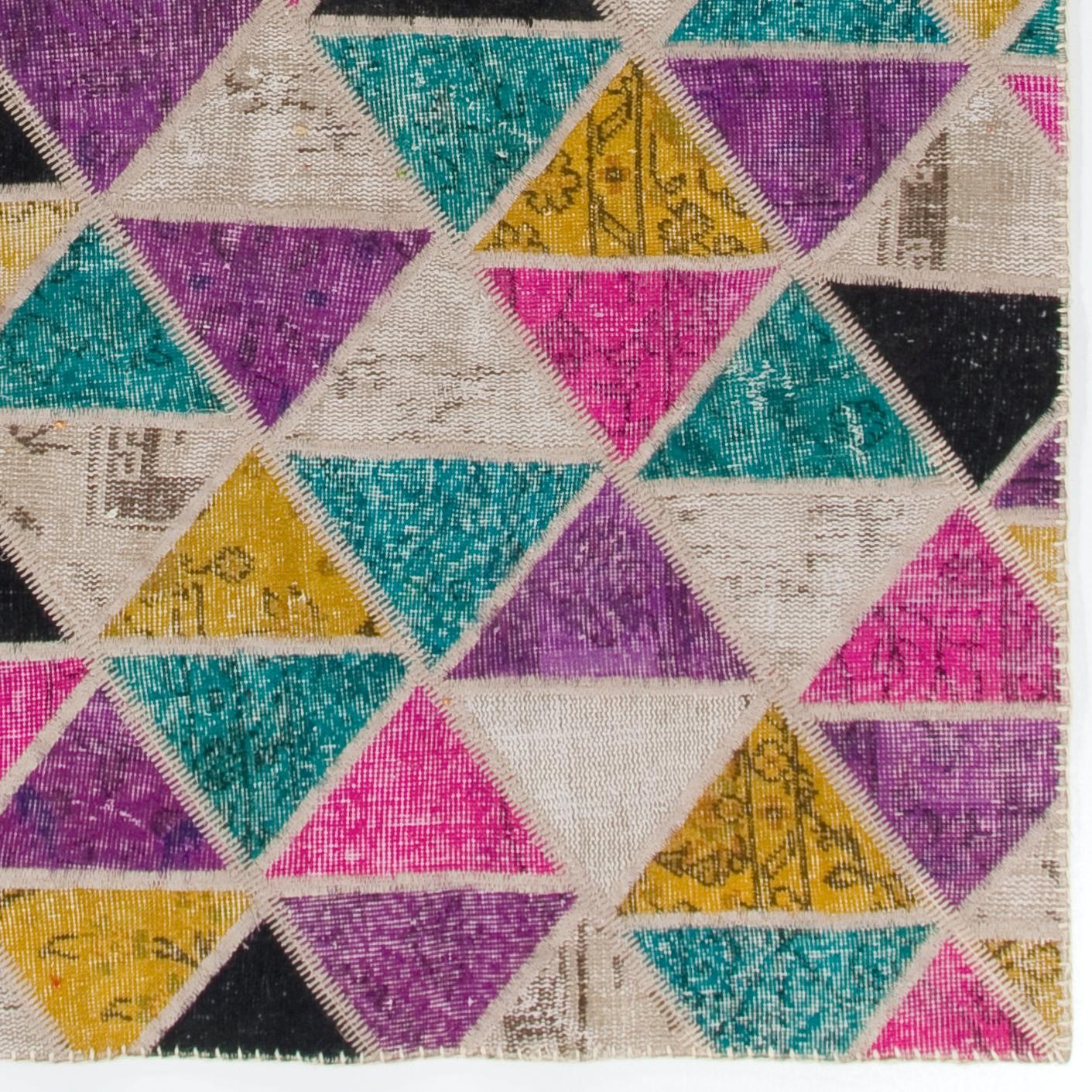 Turkish 5.5x8.7 Ft Handmade Patchwork Rug with Triangles Design Custom Options Available For Sale
