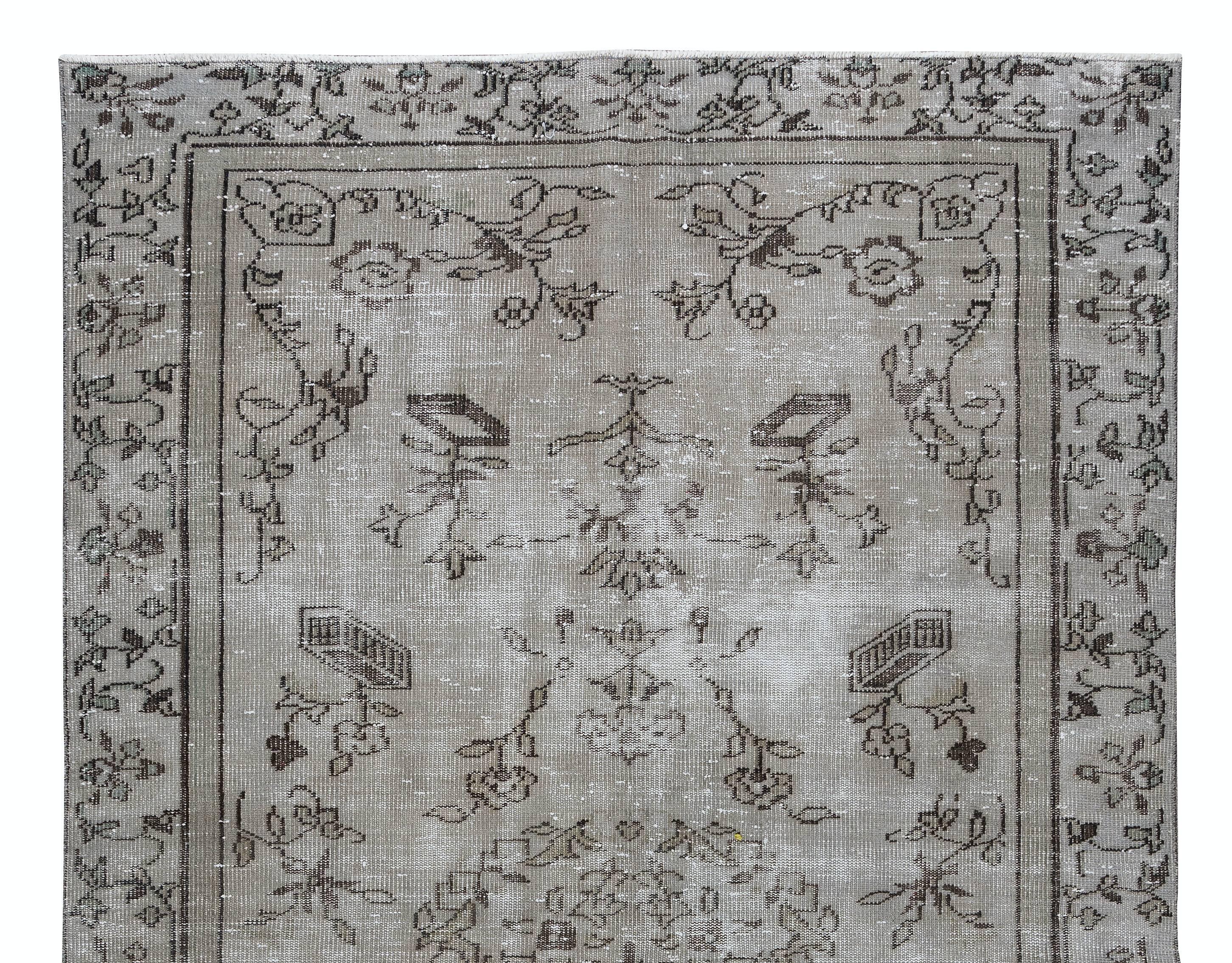 Turkish Vintage Floral Rug Overdyed in Gray, Handknotted in Turkey For Sale