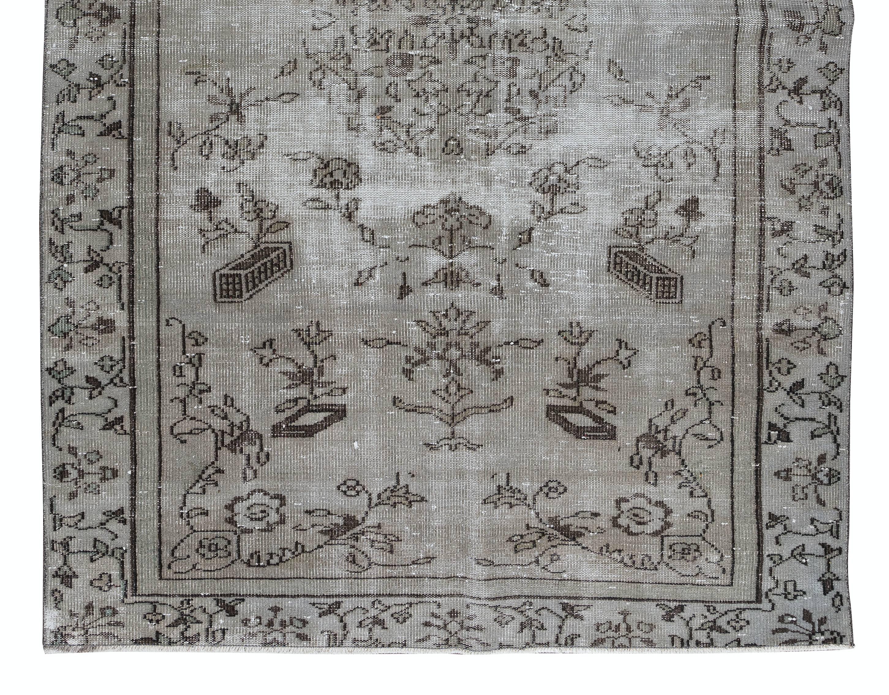 Hand-Knotted Vintage Floral Rug Overdyed in Gray, Handknotted in Turkey For Sale