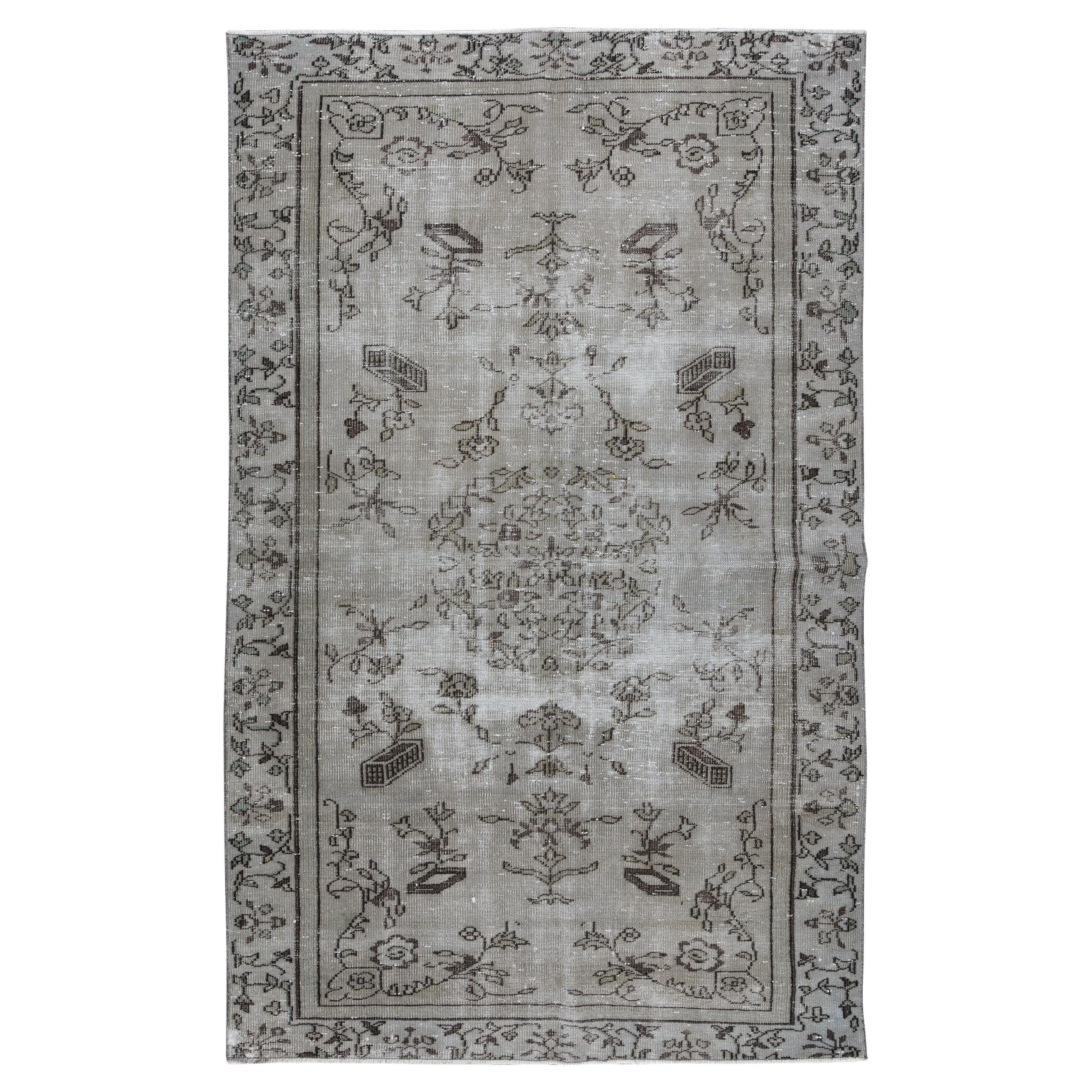 Vintage Floral Rug Overdyed in Gray, Handknotted in Turkey For Sale