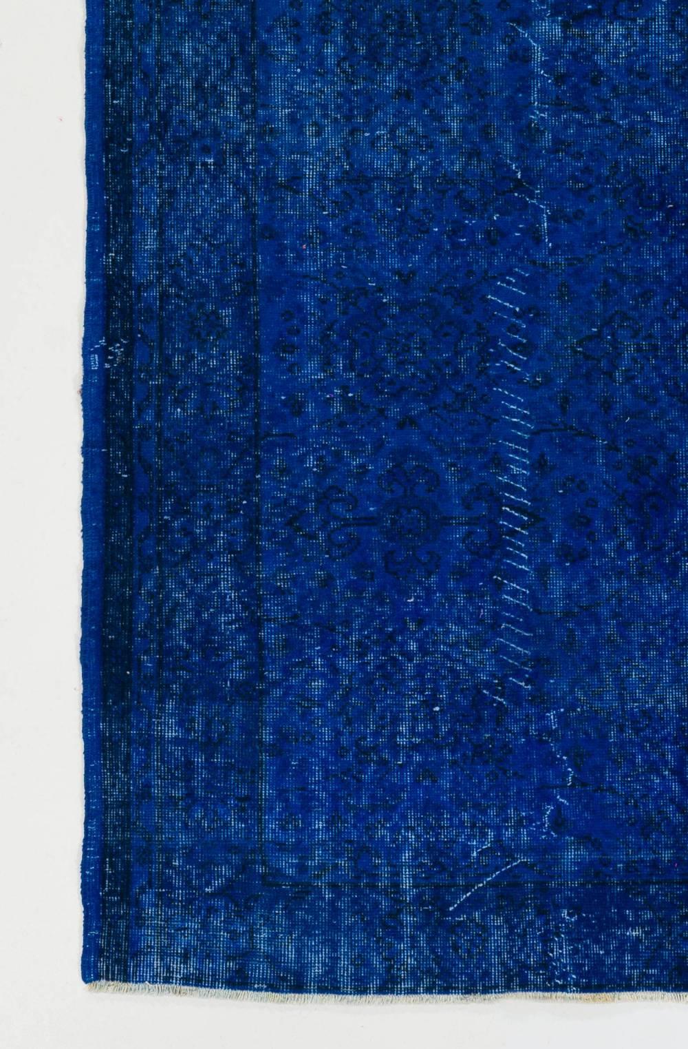 Hand-Woven Vintage Rug Over-Dyed in Blue Color, 5.5x8.7 Ft Great for Contemporary Interiors