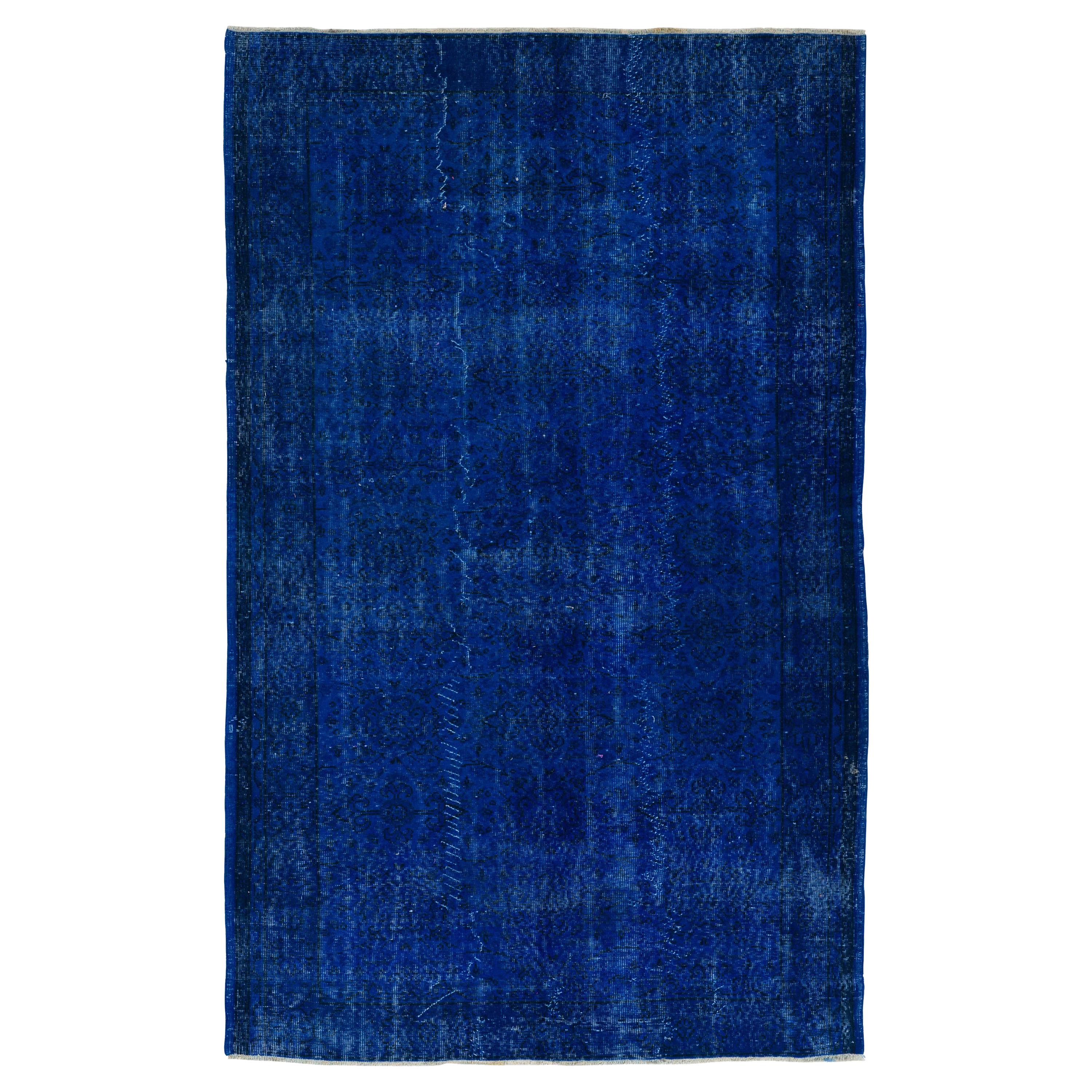 Vintage Rug Over-Dyed in Blue Color, 5.5x8.7 Ft Great for Contemporary Interiors
