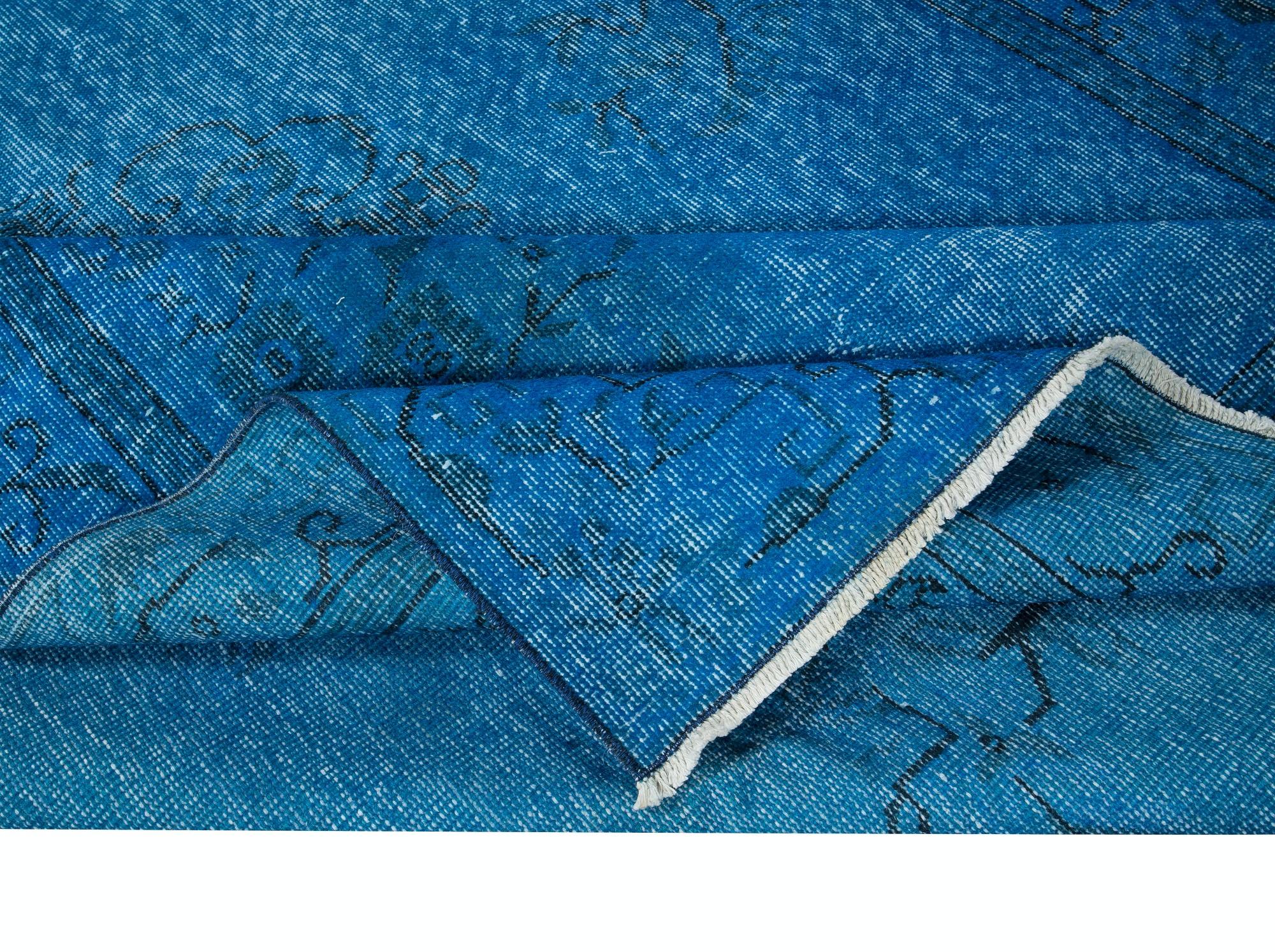 Hand-Woven 5.5x8.8 Ft Chinese Art Deco Inspired Handmade Blue Rug for Modern Interiors For Sale