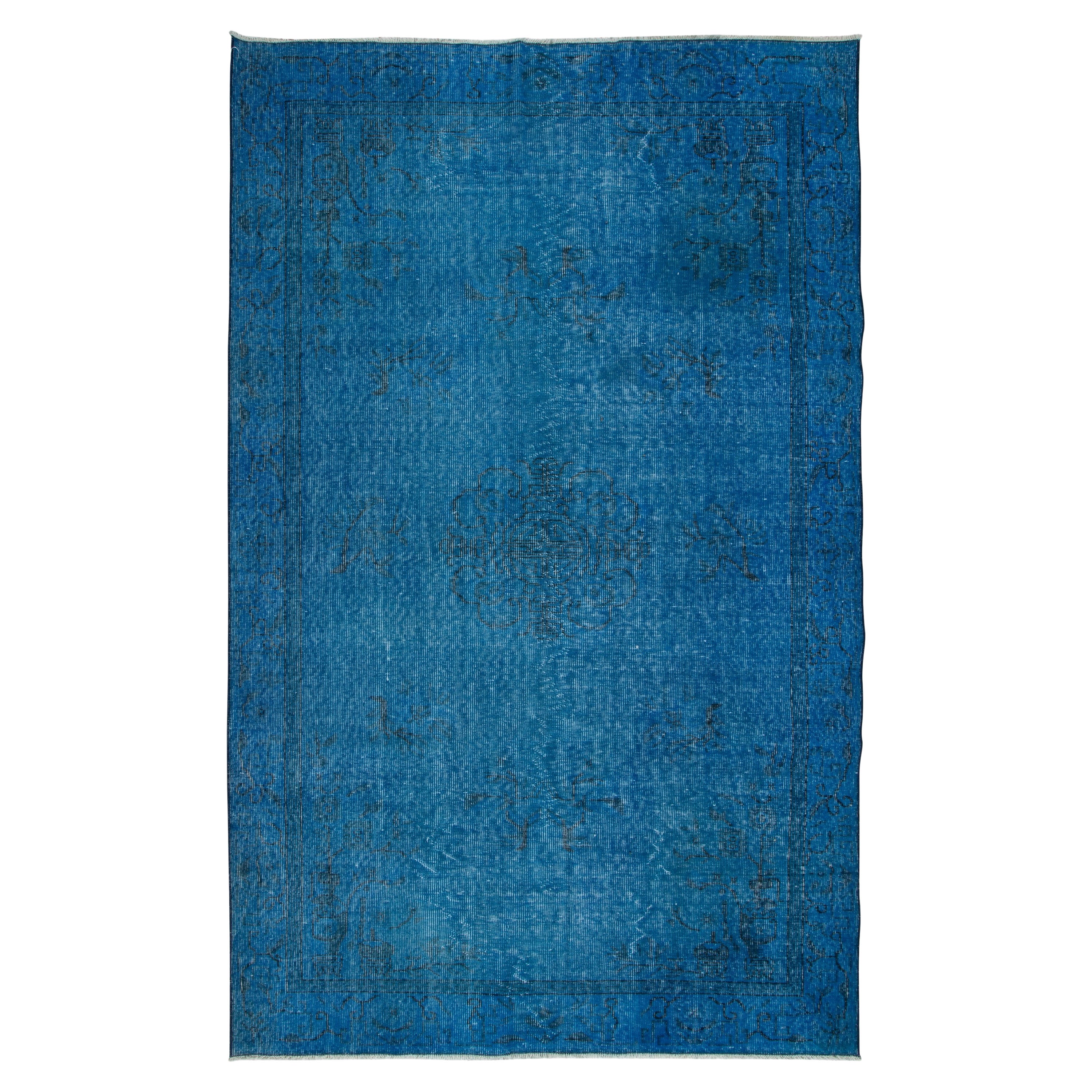 Tappeto blu fatto a mano di ispirazione Art Deco cinese, 5.5x8.8 Ft, per interni moderni