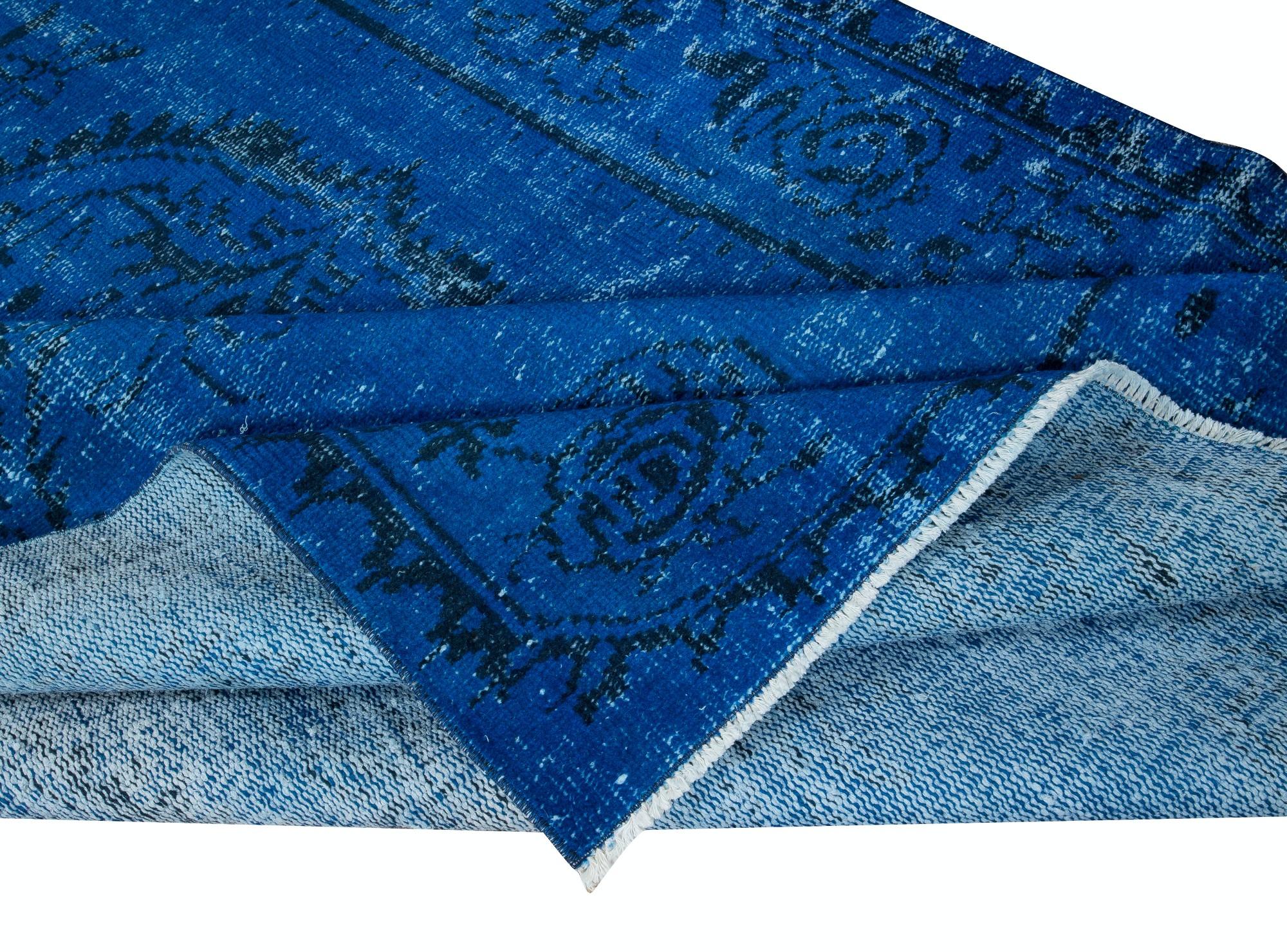 Hand-Knotted 5.5x9 Ft Blue Overdyed Wool Area Rug, Handmade in Turkey, Modern Upcycled Carpet For Sale