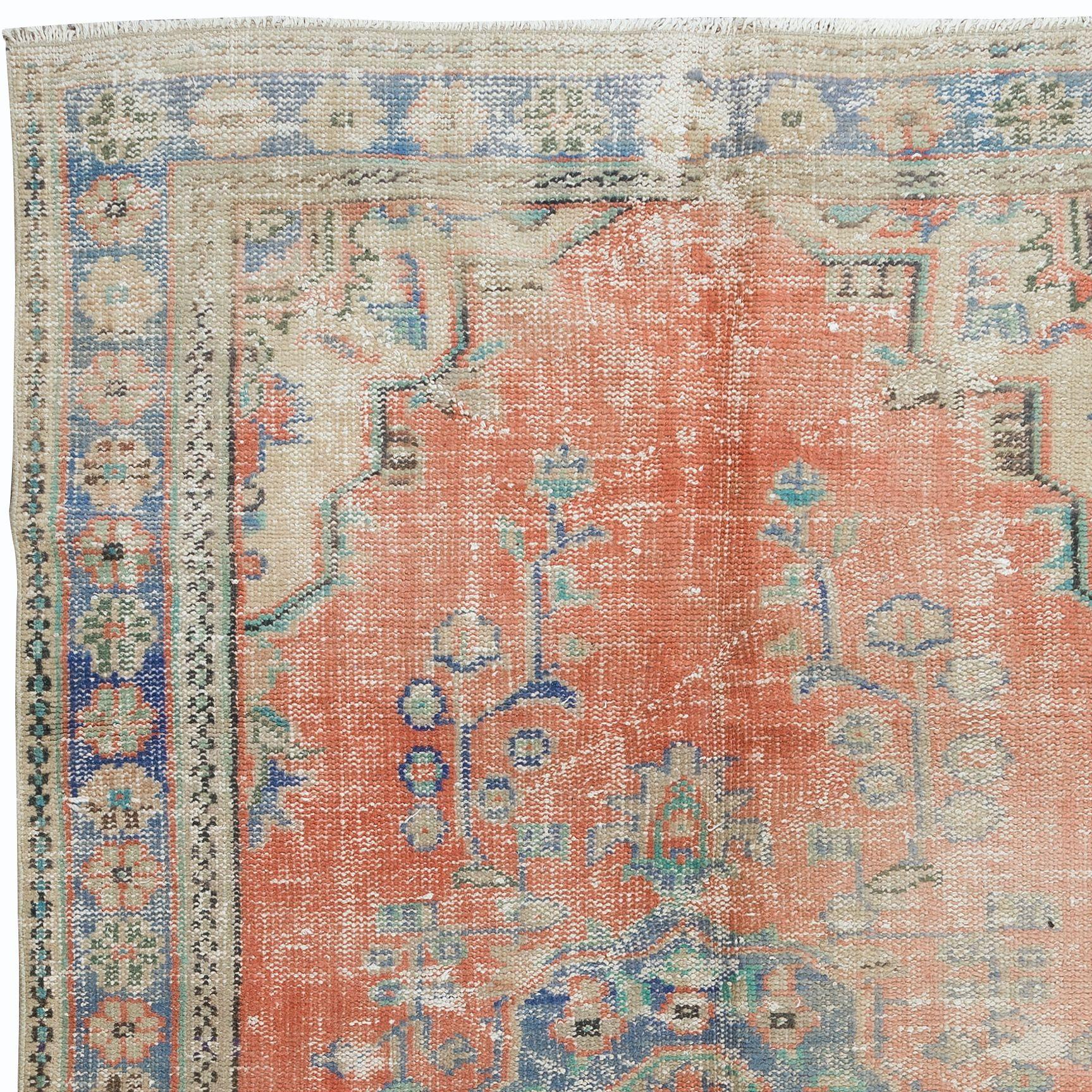 Tribal 5.5x9 Ft Hand Knotted Turkish Vintage Rug in Soft Red, Dark Blue & Beige For Sale