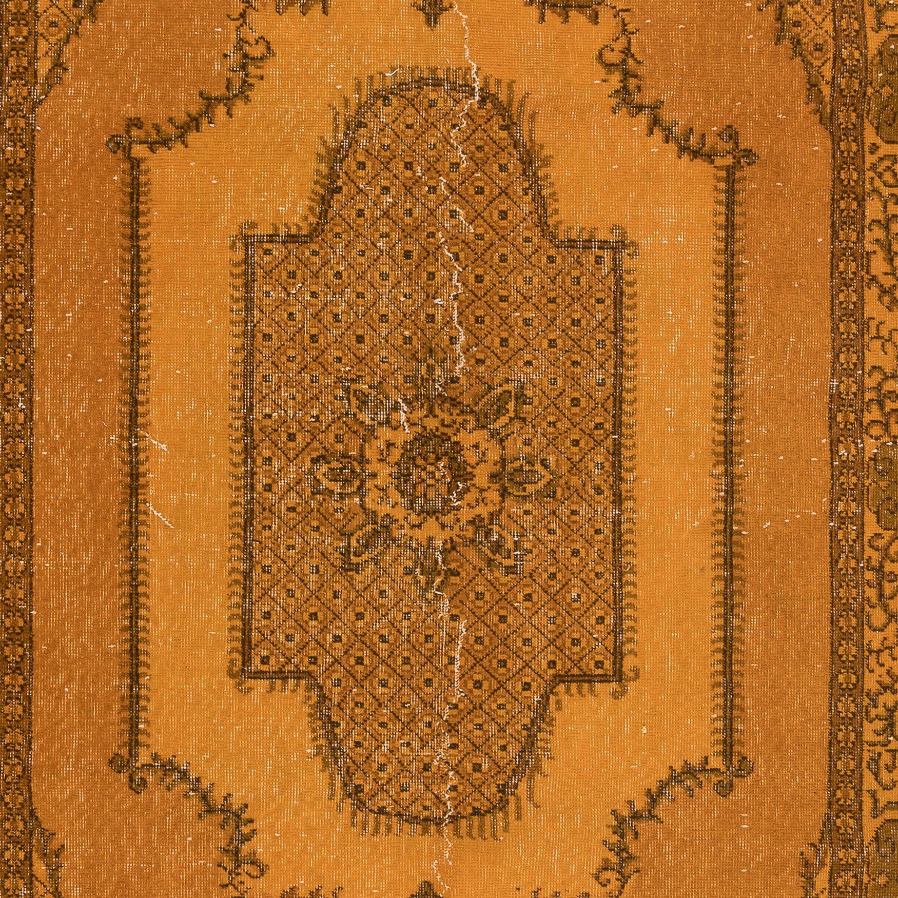Hand-Knotted 5.5x9 Ft Modern Handmade Turkish Area Rug with Medallion Design in Orange For Sale