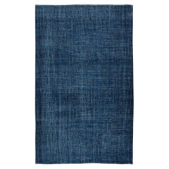 5.5x9 Ft Modern Navy Blue Solid Pattern Rug, Vintage Handmade Turkish Carpet