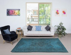 5.5x9 Ft Vintage Turkish Area Rug dyed in Blue Color for contemporary interiors