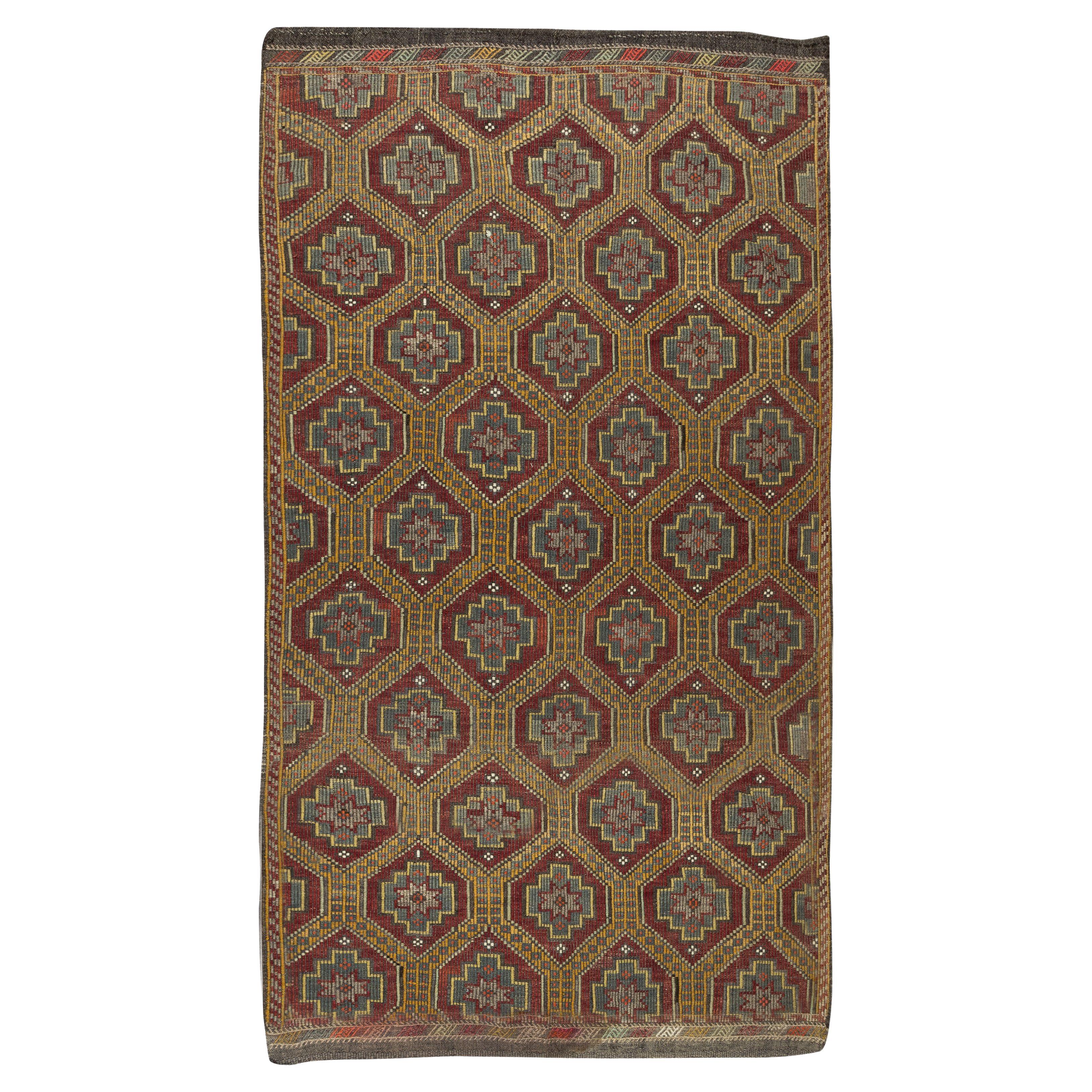 Vintage Turkish Jijim Kilim, Tappeto a motivi floreali tessuto a mano, 100% lana in vendita
