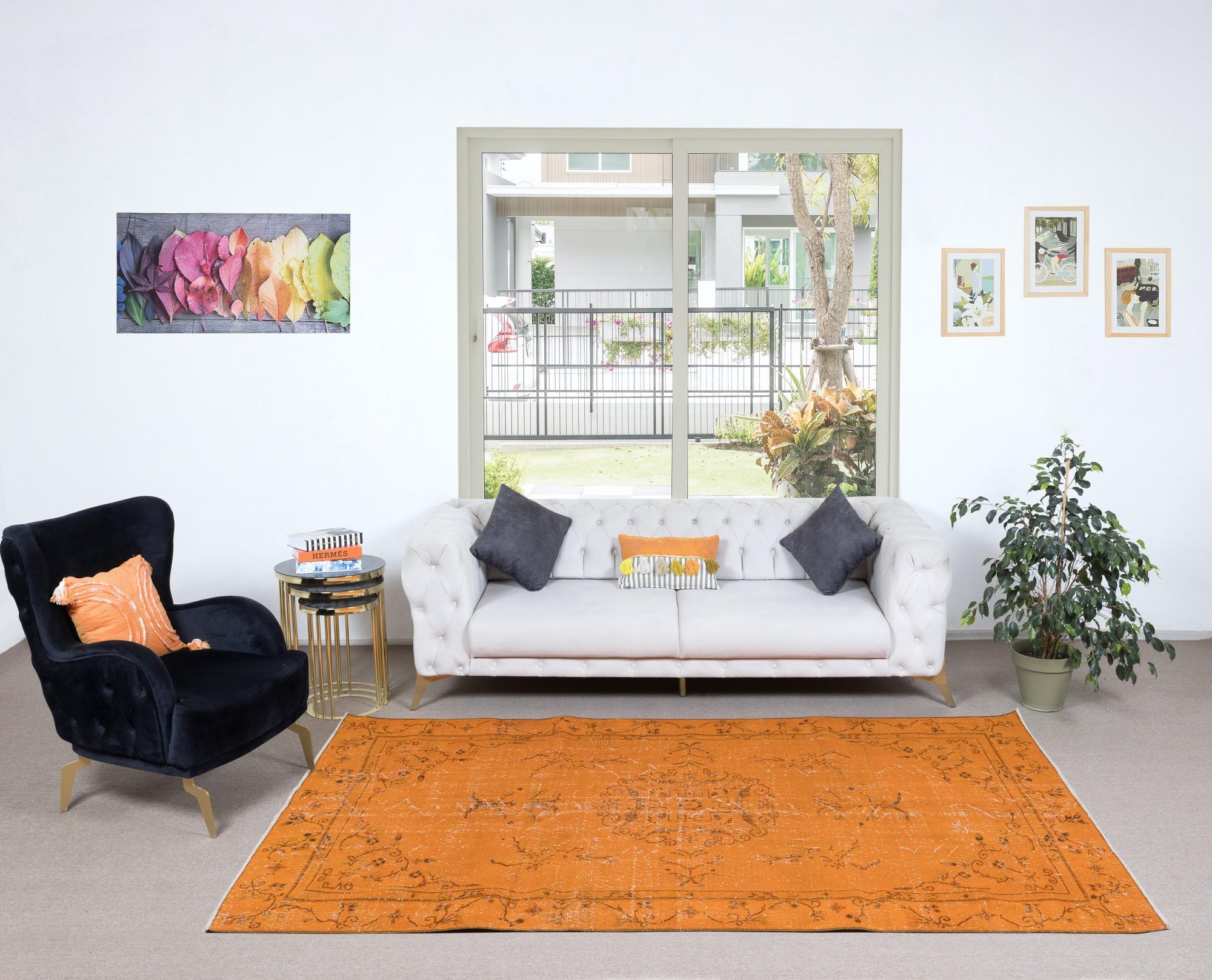 Handgefertigter Art-Déco-Teppich, 5,5x9.6 Ft, orangefarbener Teppich für Esszimmer und Wohnzimmer (Handgeknüpft) im Angebot