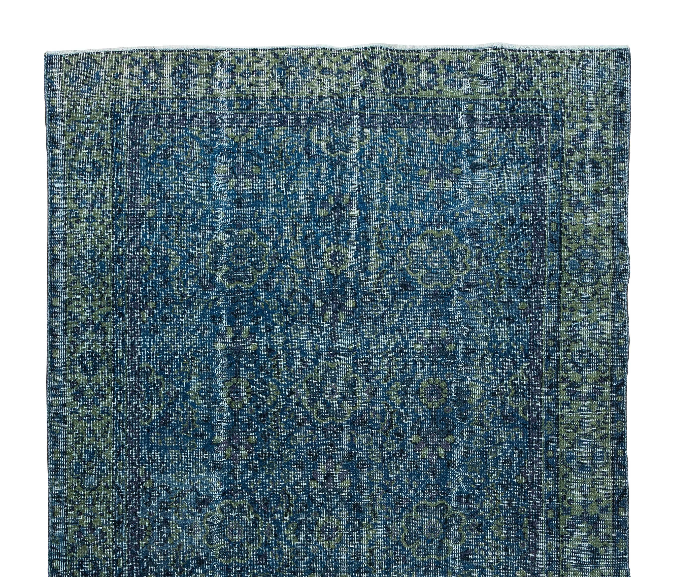 Hand-Knotted 5.5x9.9 Ft Contemporary Blue Over-Dyed Rug, Handmade Vintage Turkish Wool Carpet For Sale