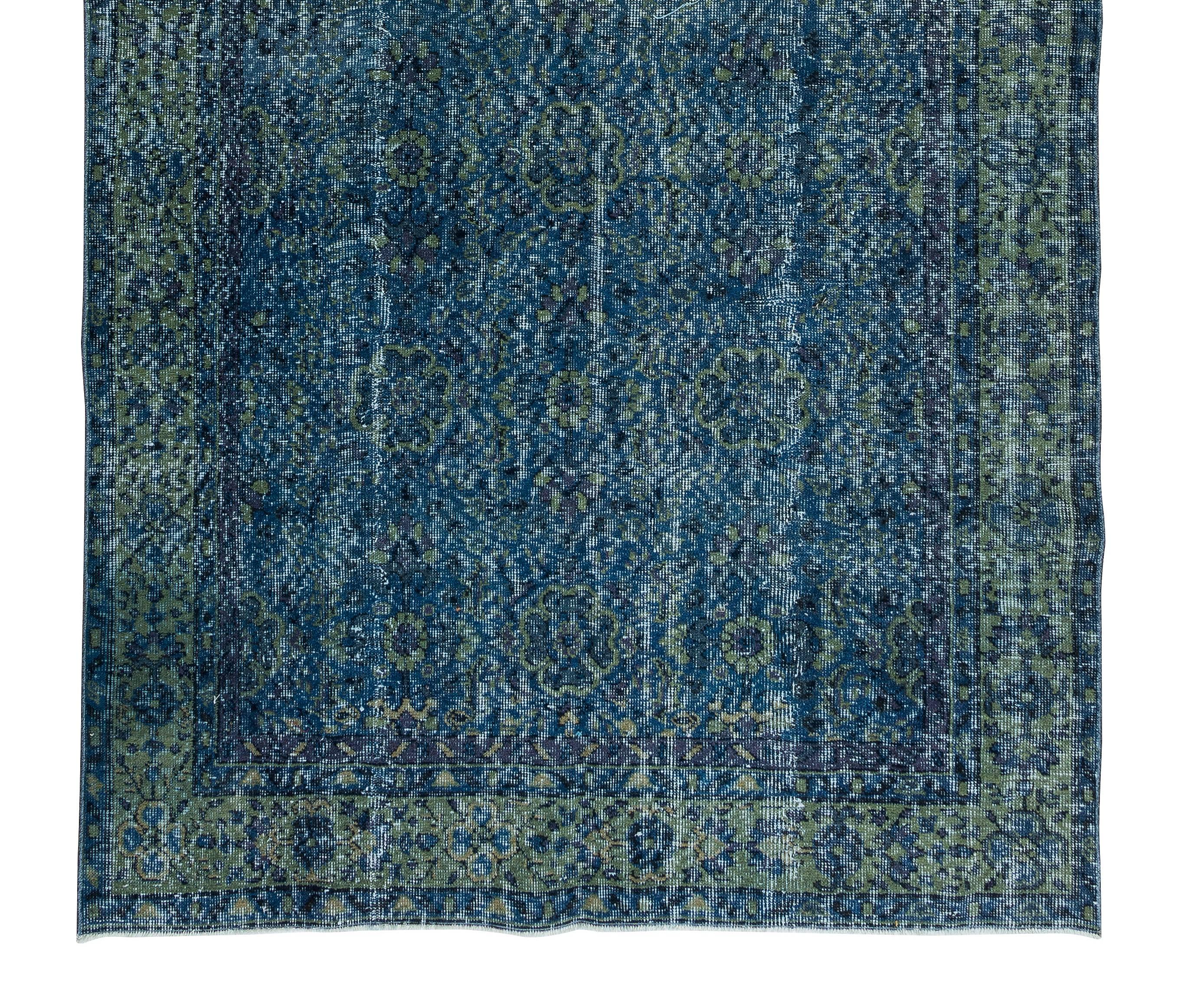5.5x9.9 Ft Contemporary Blue Over-Dyed Rug, Handmade Vintage Turkish Wool Carpet In Good Condition For Sale In Philadelphia, PA