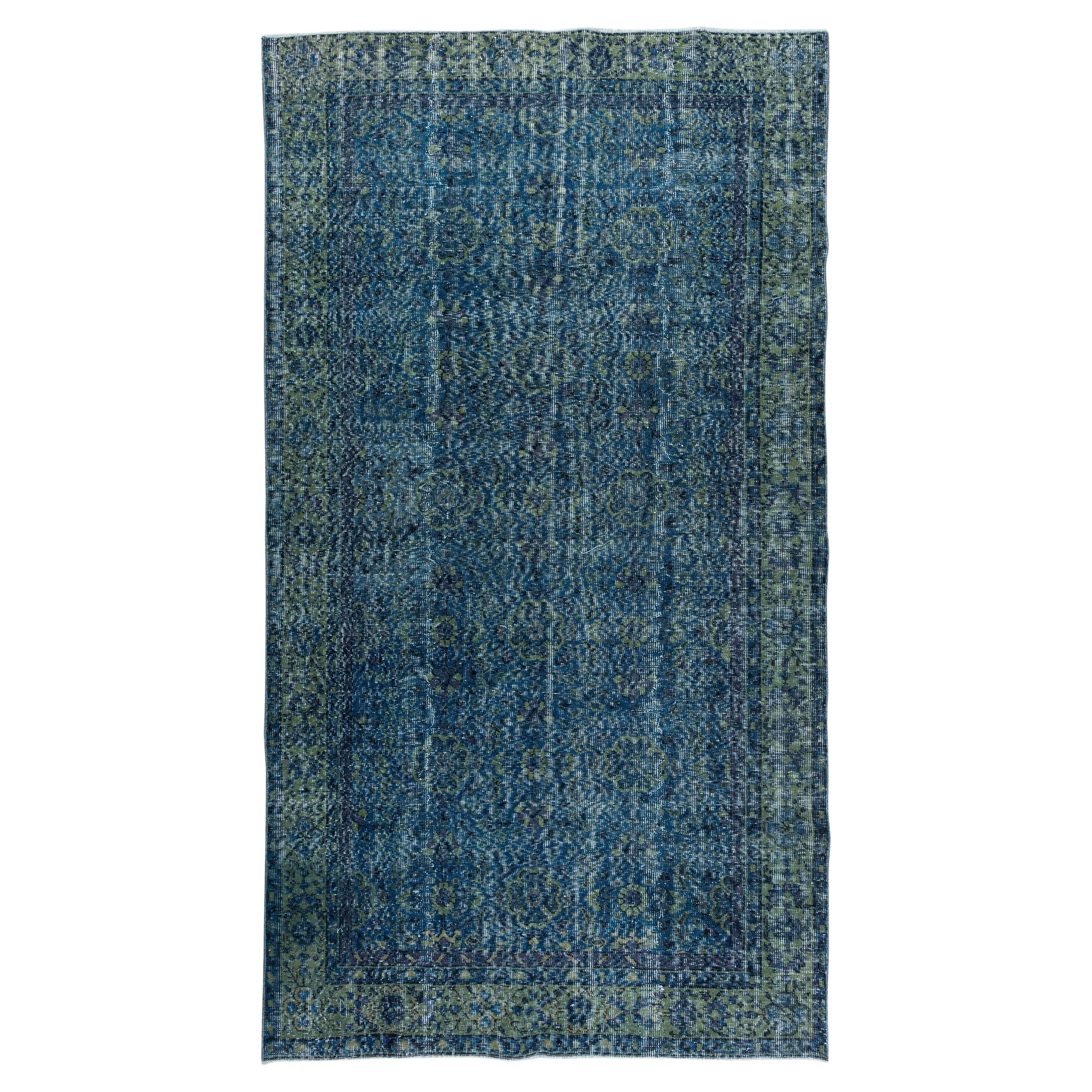 5.5x9.9 Ft Contemporary Blue Over-Dyed Rug, Handmade Vintage Turkish Wool Carpet