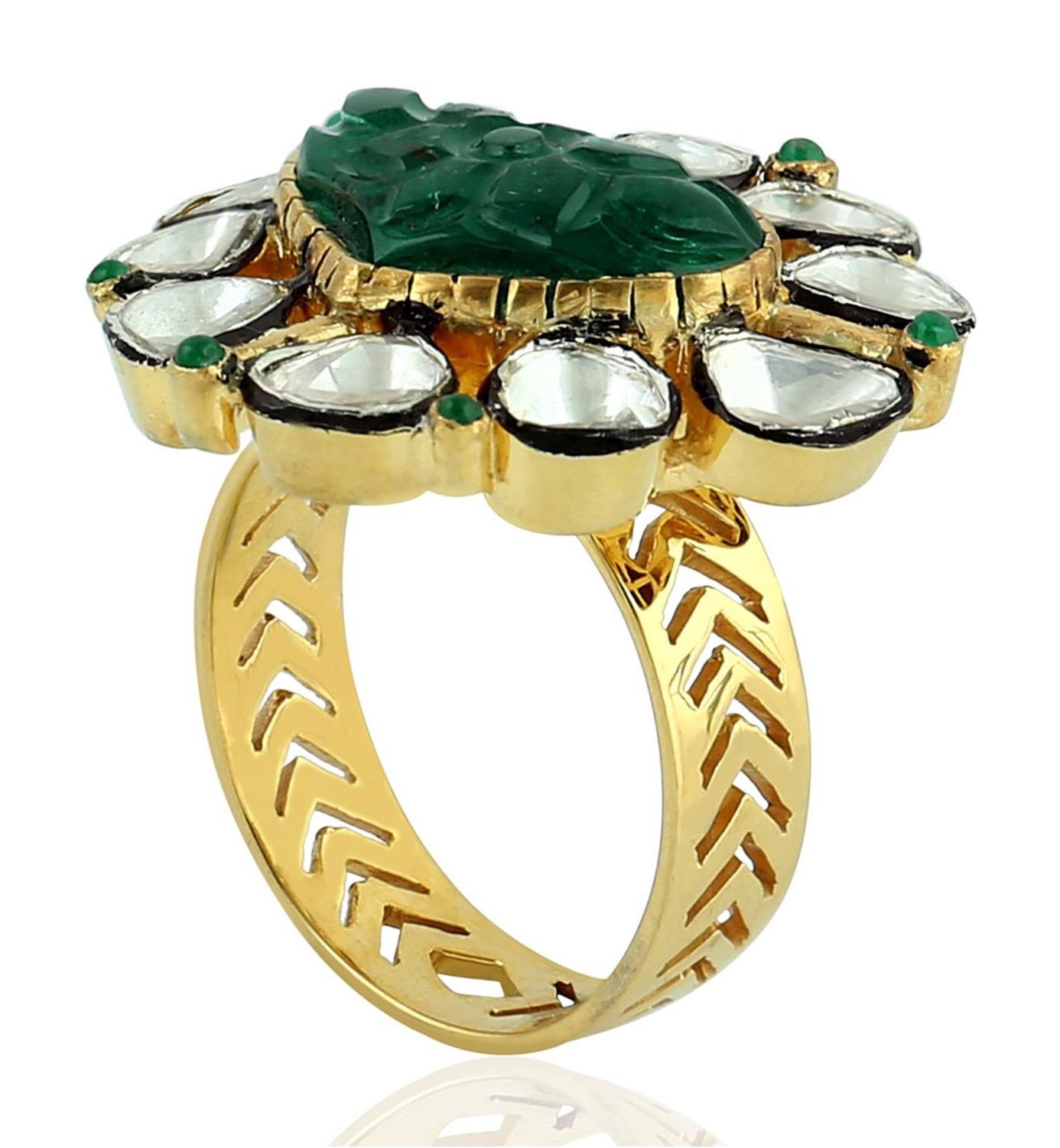 Rose Cut 5.6 Carat Carved Emerald Diamond Cocktail Ring For Sale