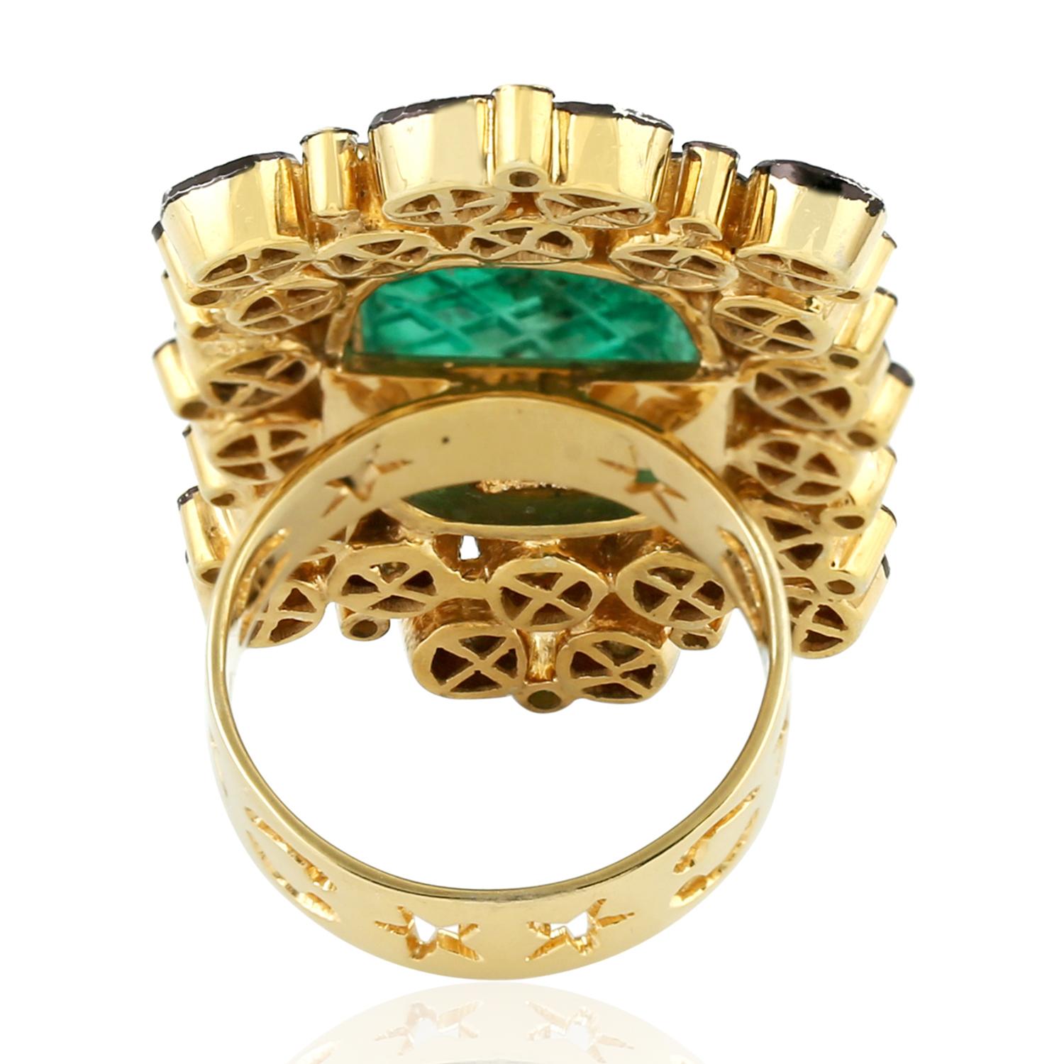 Contemporary 9.12 Carat Carved Emerald Rose cut Diamond Cocktail Ring
