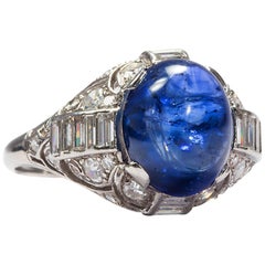 5.6 Carat Certified No Heat Blue Sapphire Diamond Art Deco 1930s Cocktail Ring