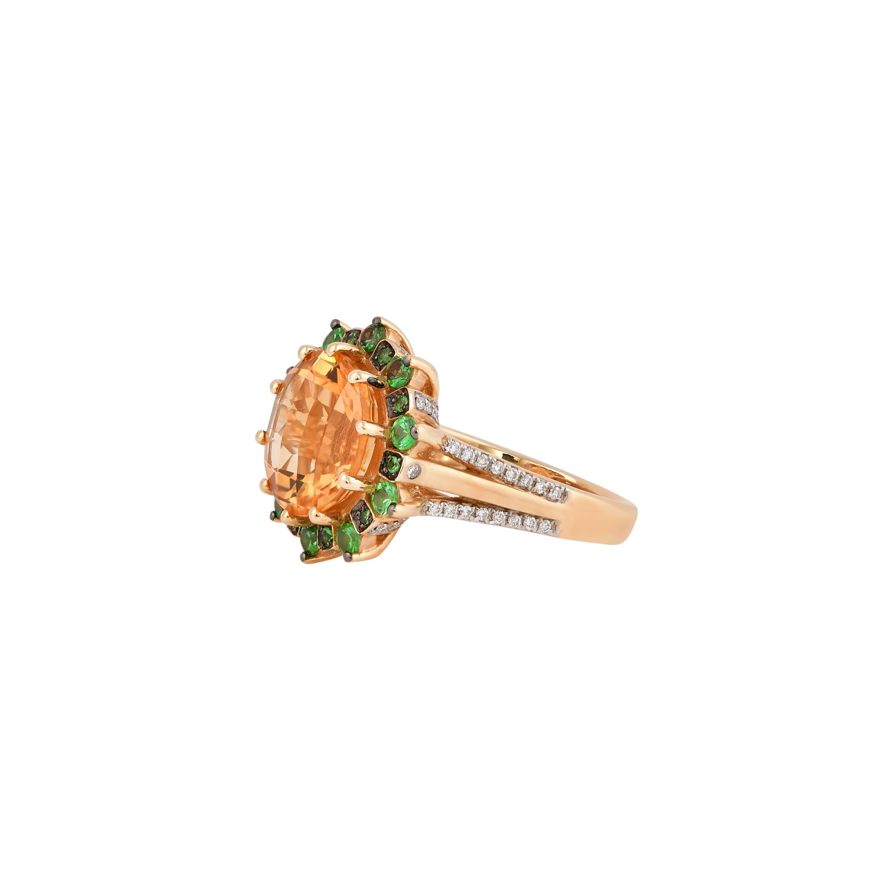 Contemporary 5.6 Carat Citrine, Tsavorite and Diamond Ring in 14 Karat Yellow Gold For Sale