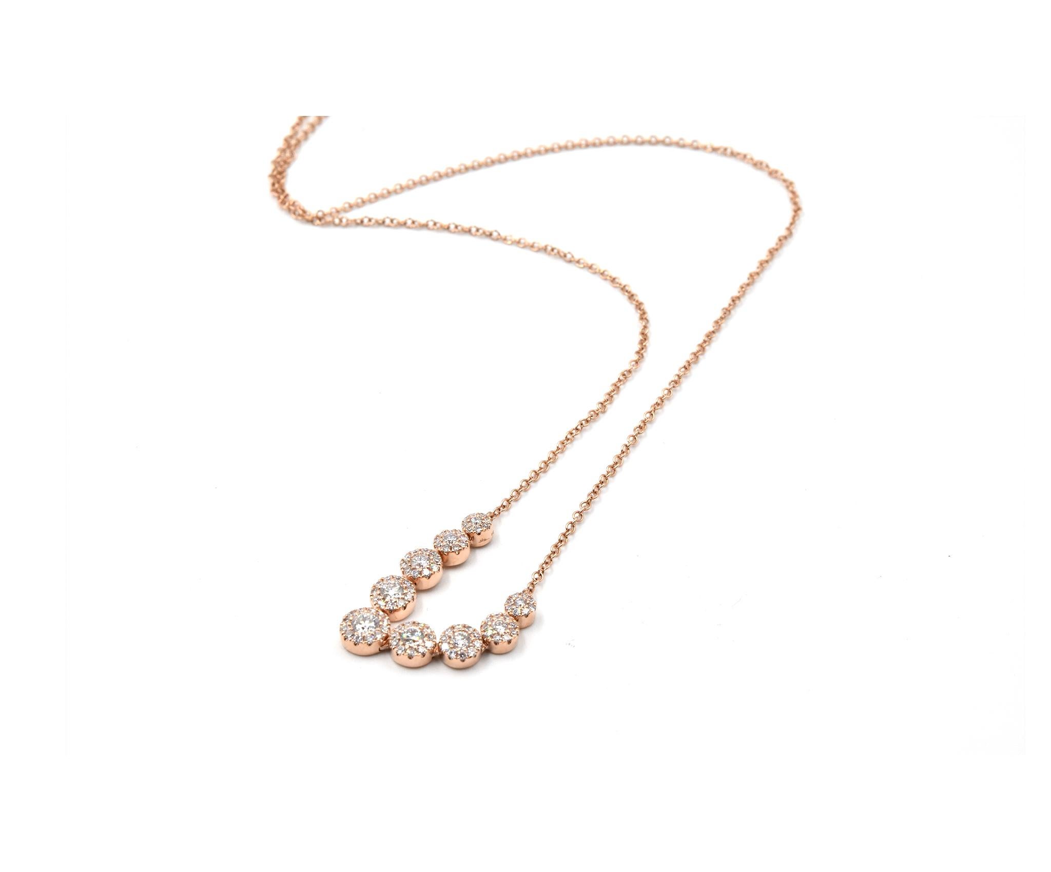 Designer: custom design
Material: 14k Rose Gold
Diamonds: 88 round diamond = .56cttw
Color: G	
Clarity: VS
Dimensions: necklace is 18-inch long
Weight: 3.07 grams	
