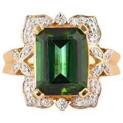 5.6 Carat Green Tourmaline and White Diamond Ring in 14 Karat Yellow Gold