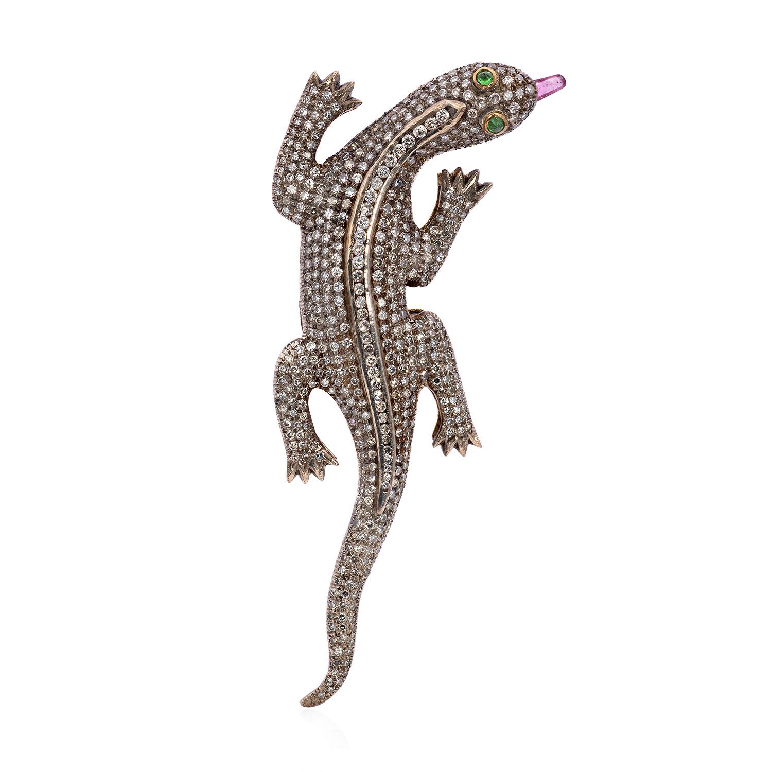 Women's 5.6 Carat Lizard Diamond and Multi-Gem Pin 18K Gold For Sale