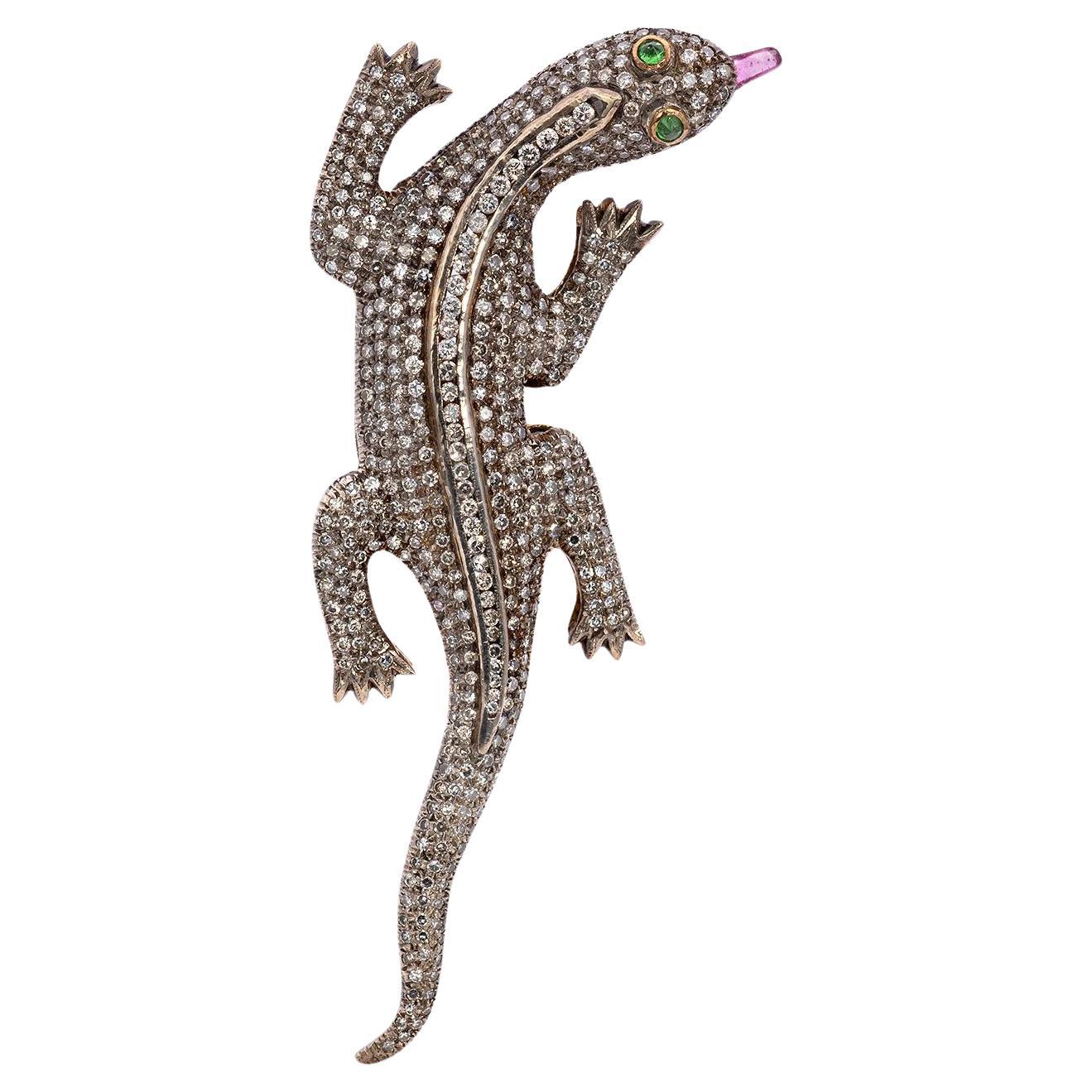 Épingle en or 18 carats avec diamant lézard et pierres précieuses multiples de 5,6 carats