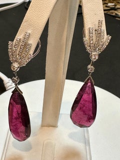 56 Carat Natural Pink Tourmaline & Diamond Cocktail Earring, 18 Karat White Gold