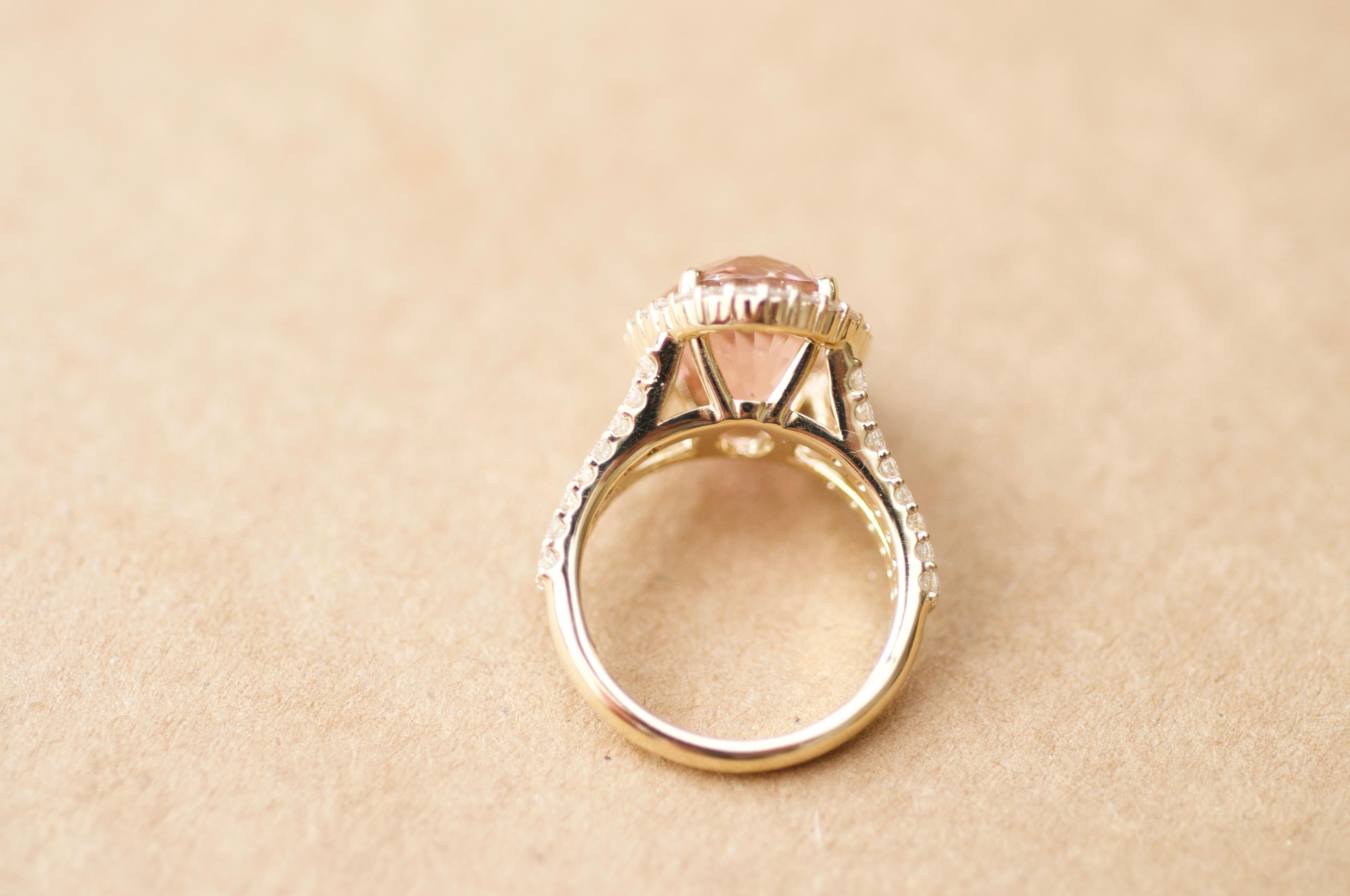 Women's 5.6 Carat Peach-Pink Tourmaline Diamonds 14 Karat Yellow Gold Ring