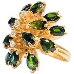 5.6 Carat Pear Cut Green Tourmaline and Diamond Yellow Gold Floral Cocktail Ring