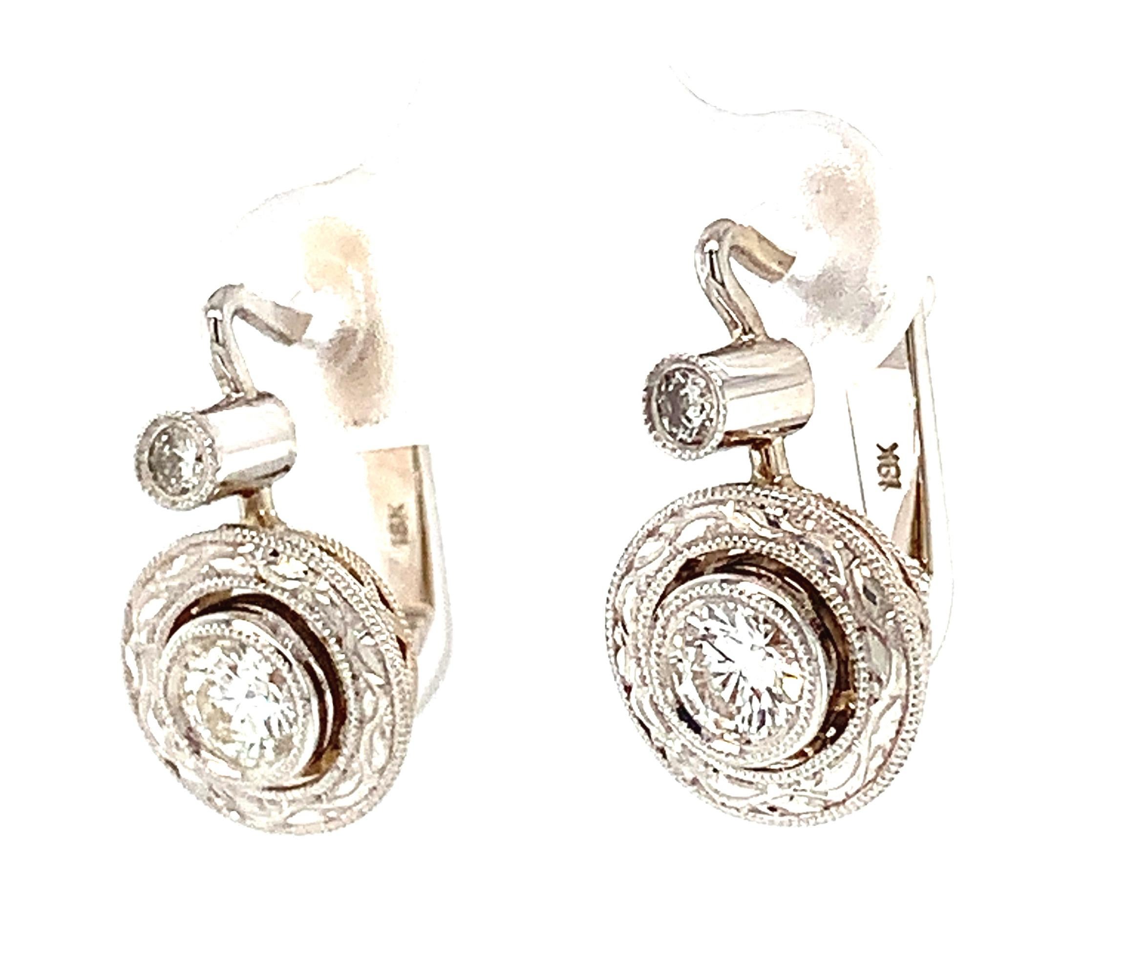 Artisan Diamond Drop Earrings in Engraved 18k White Gold, .56 Carat Total  For Sale