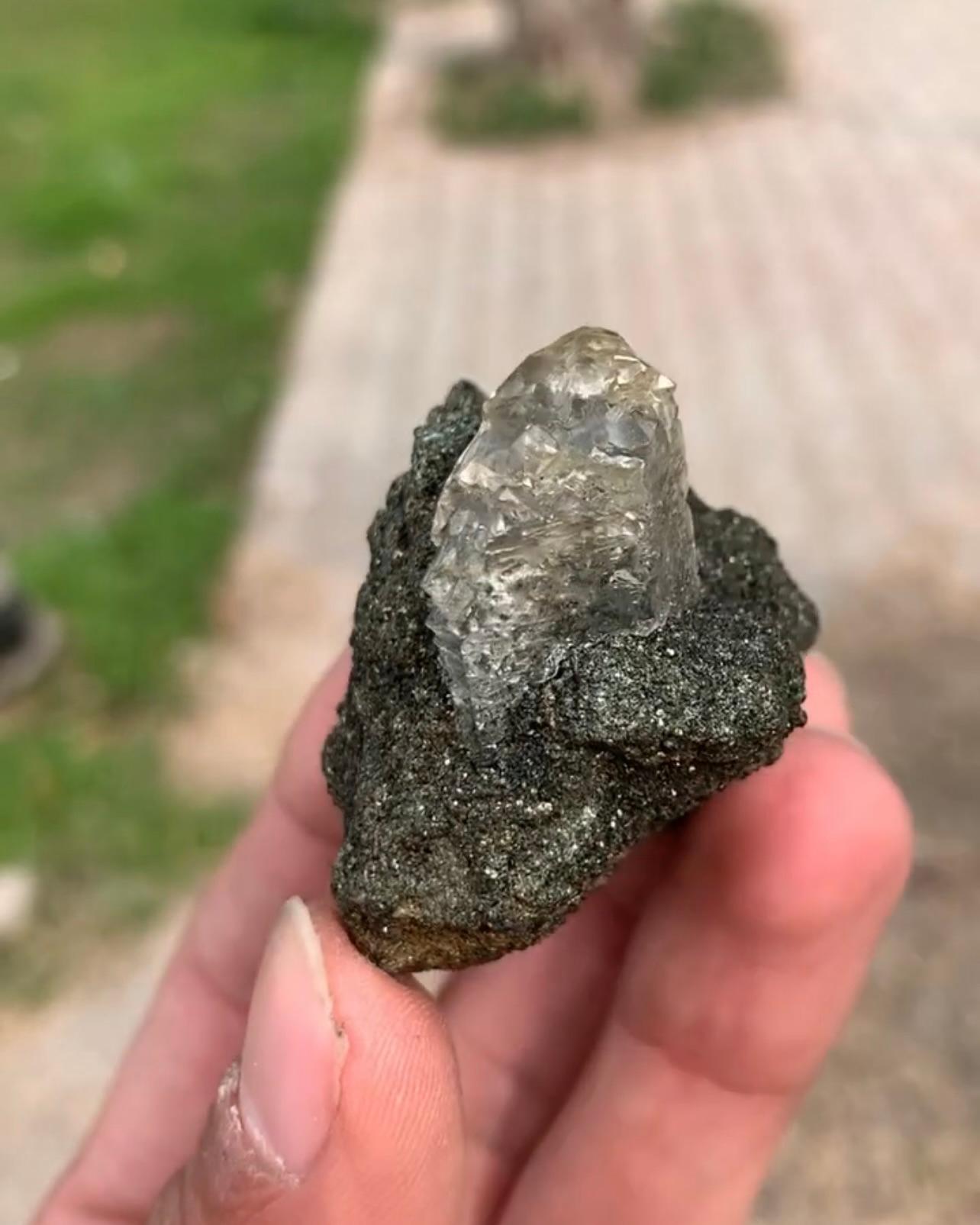 Contemporary 56 Grams Etched Quartz Focal Crystal On Grayish Matrix From Pakistan For Sale