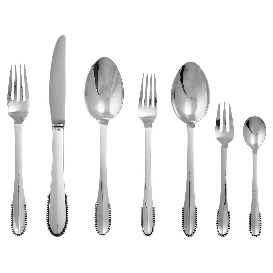 56 Pieces Set of Georg Jensen Sterling Silverware in the Beaded For Sale