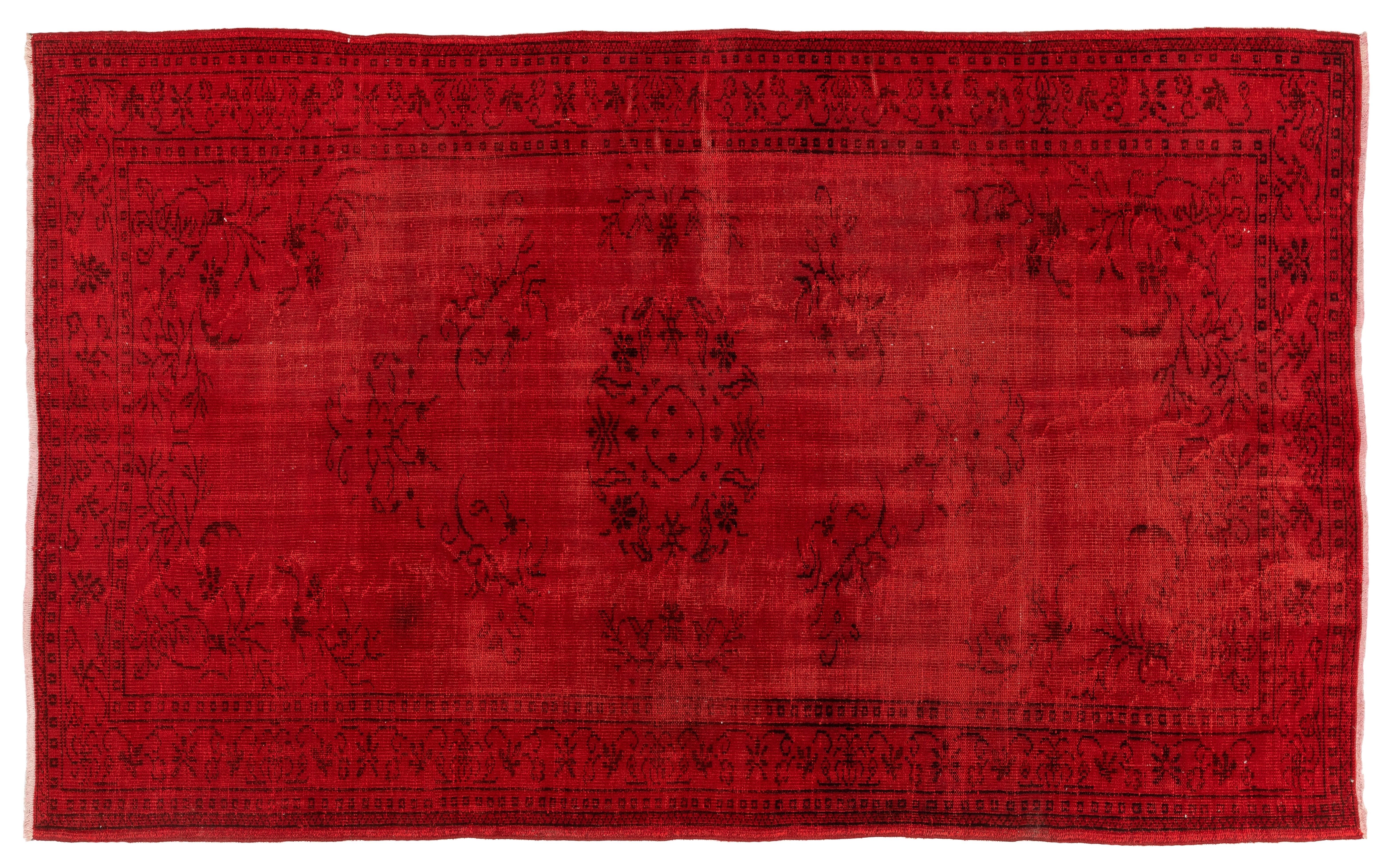 Mid-20th Century 5.8 x 8.8 Ft Vintage Rug Overdyed in Red. Great for Modern Home & Office Decor