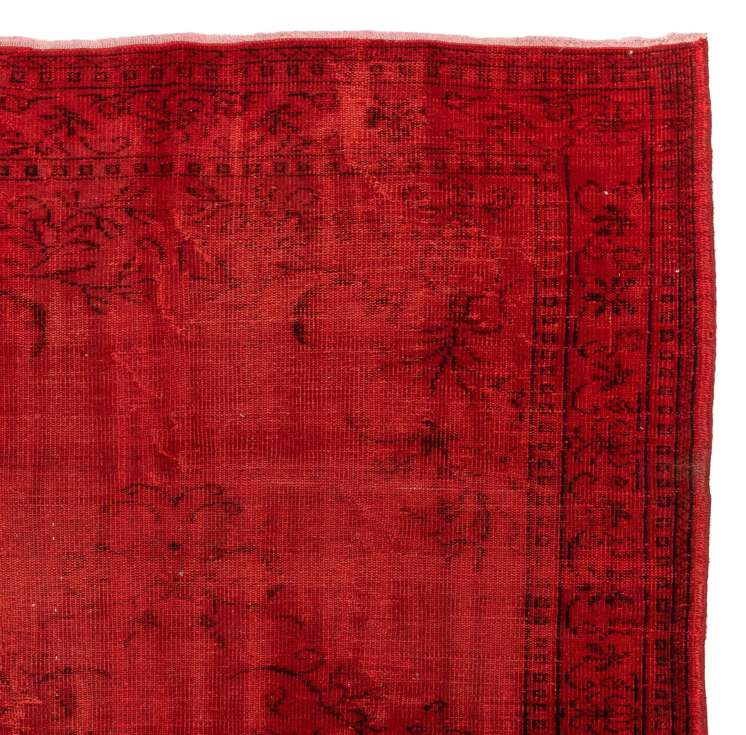 Hand-Woven 5.8 x 8.8 Ft Vintage Rug Overdyed in Red. Great for Modern Home & Office Decor