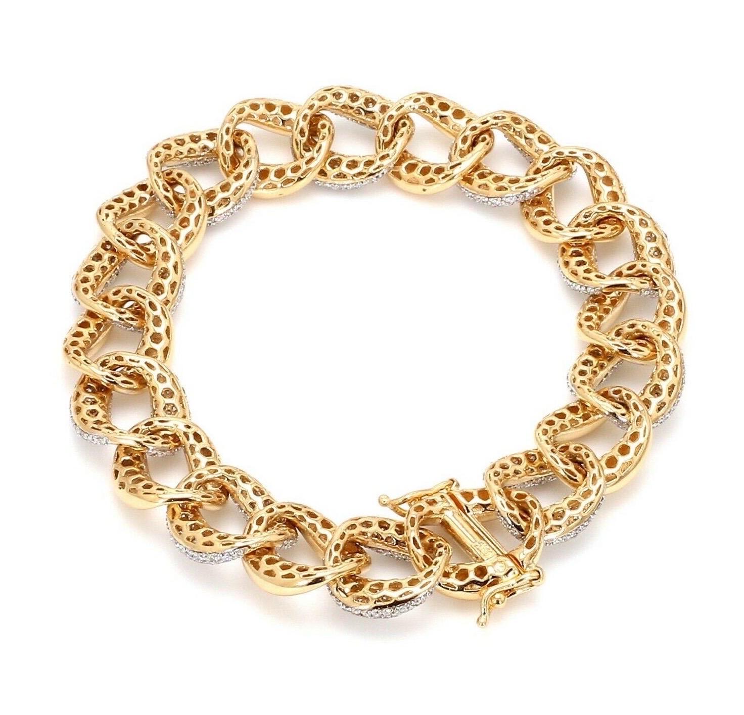 Cast from 18-karat yellow gold, this stunning link bracelet is hand set with 5.60 carats of sparkling diamonds. 
Bracelet Size 7 inches. Also available in white gold.

FOLLOW MEGHNA JEWELS storefront to view the latest collection & exclusive pieces.
