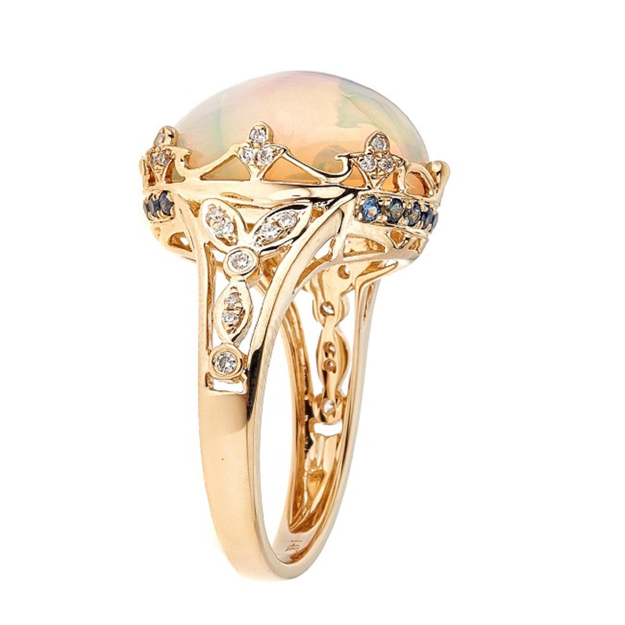 Decorate yourself in elegance with this Ring is crafted from 14-karat Yellow Gold by Gin & Grace. This Ring is made up of 12x16 mm Oval-Cab (1 pcs) 5.60 carat Ethiopian Opal and Round-cut White Diamond (50 Pcs) 0.32 Carat. This Ring is weight 5.92