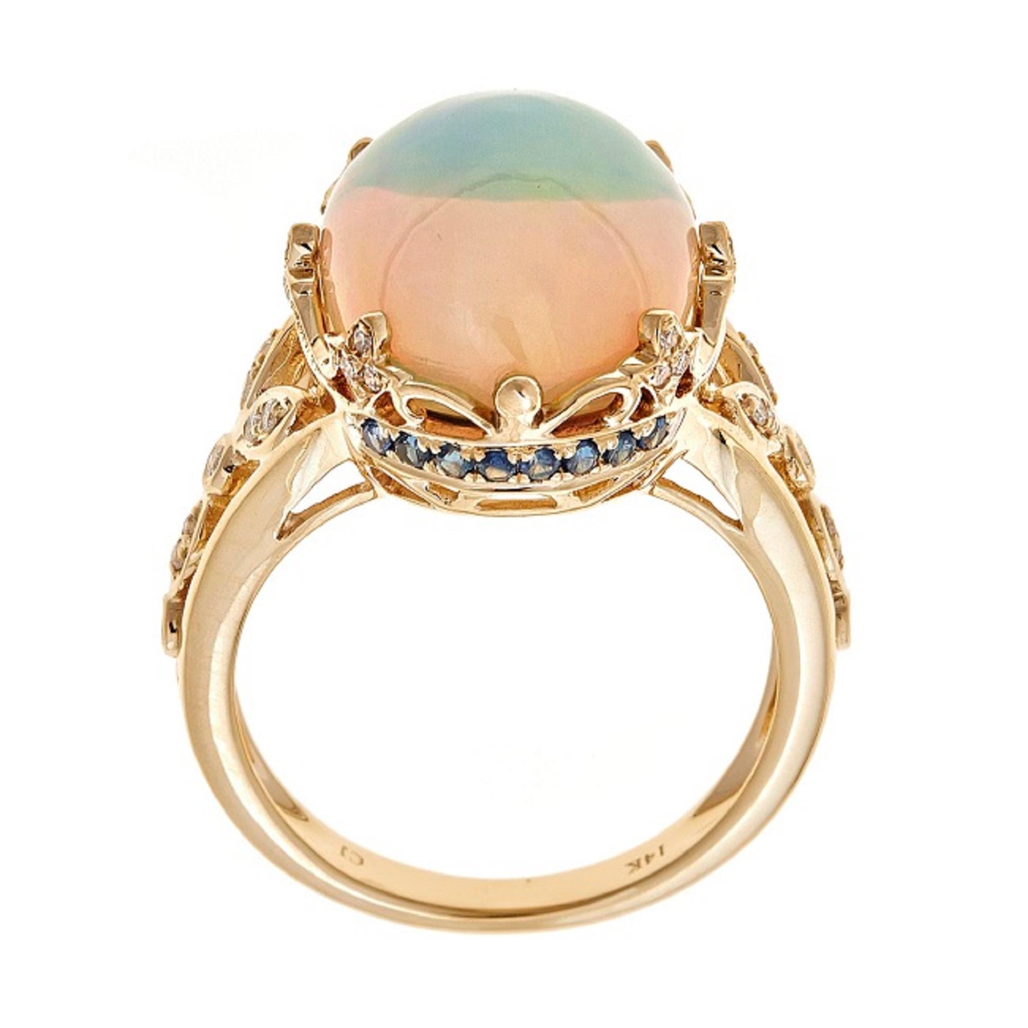 Art Deco 5.60 Carat Ethiopian Opal Oval Cab Diamond Accents 14K Yellow Gold Ring For Sale