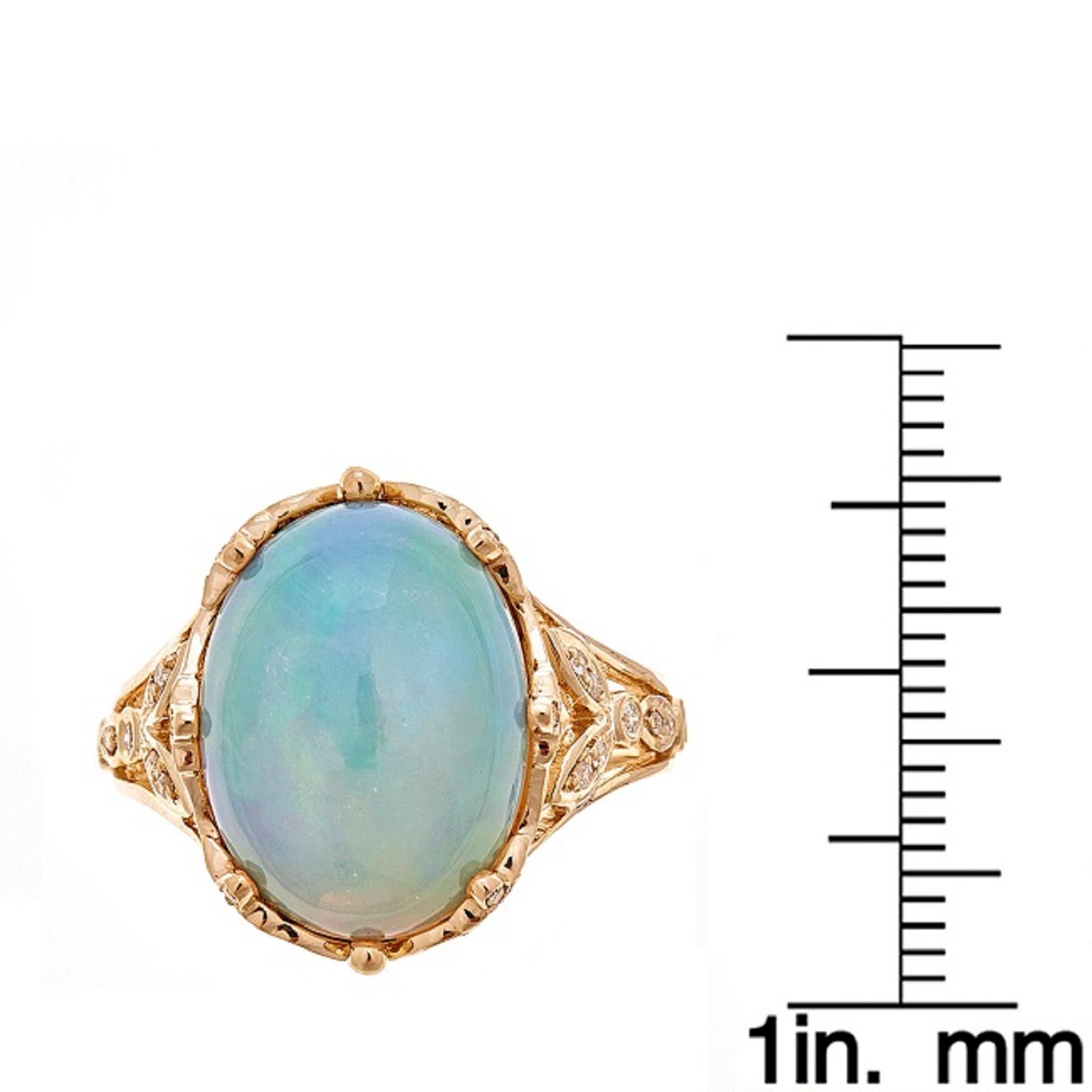 Oval Cut 5.60 Carat Ethiopian Opal Oval Cab Diamond Accents 14K Yellow Gold Ring For Sale